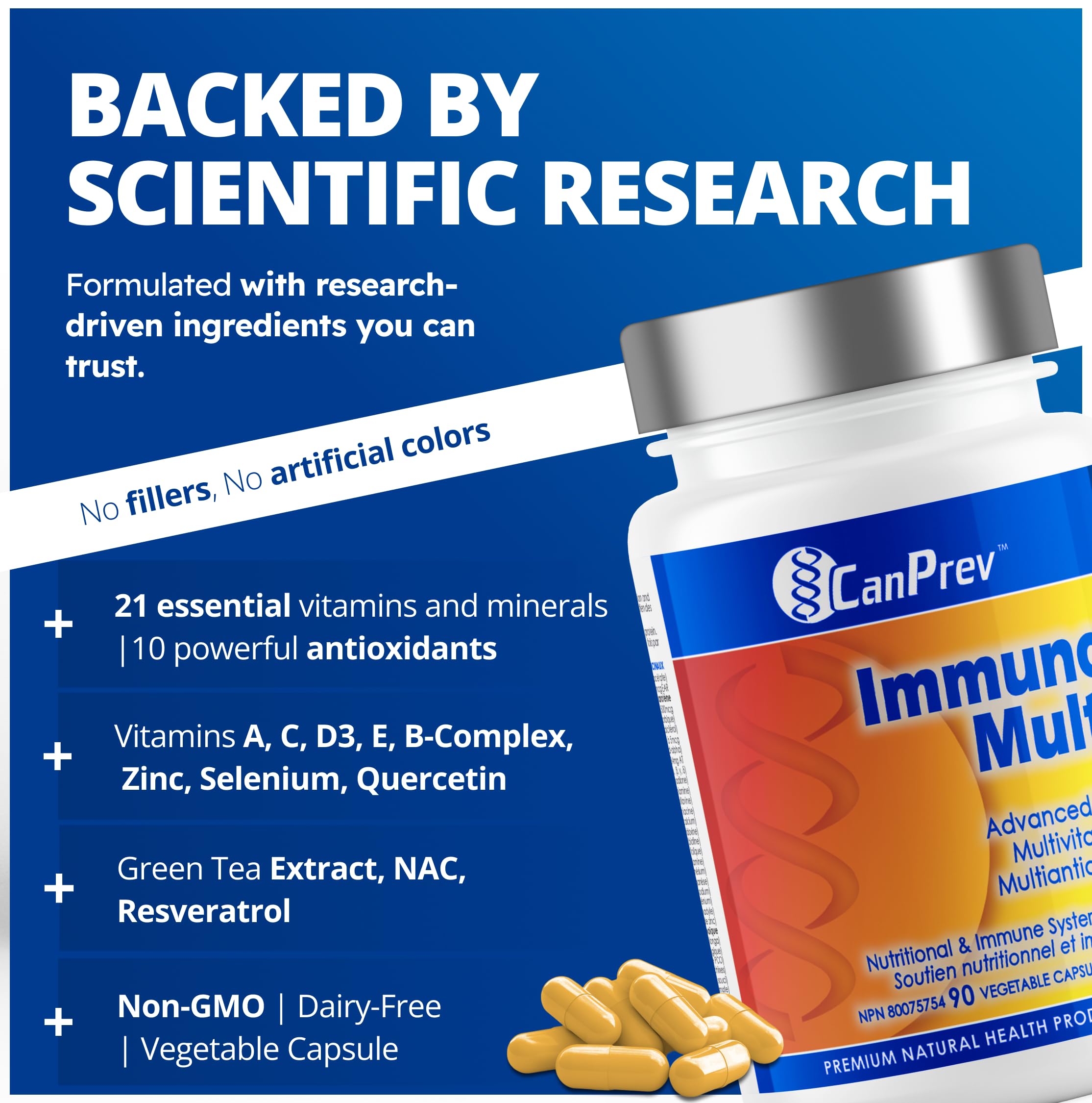 CanPrev Immuno Multi, 90 Veg Caps, 30-Day Supply - Vegan and Non-GMO - Daily Multivitamin with N-Acetyl-Cysteine and 21 Essential Nutrients, Balanced Formula - Includes 10 Antioxidants for Vitality
