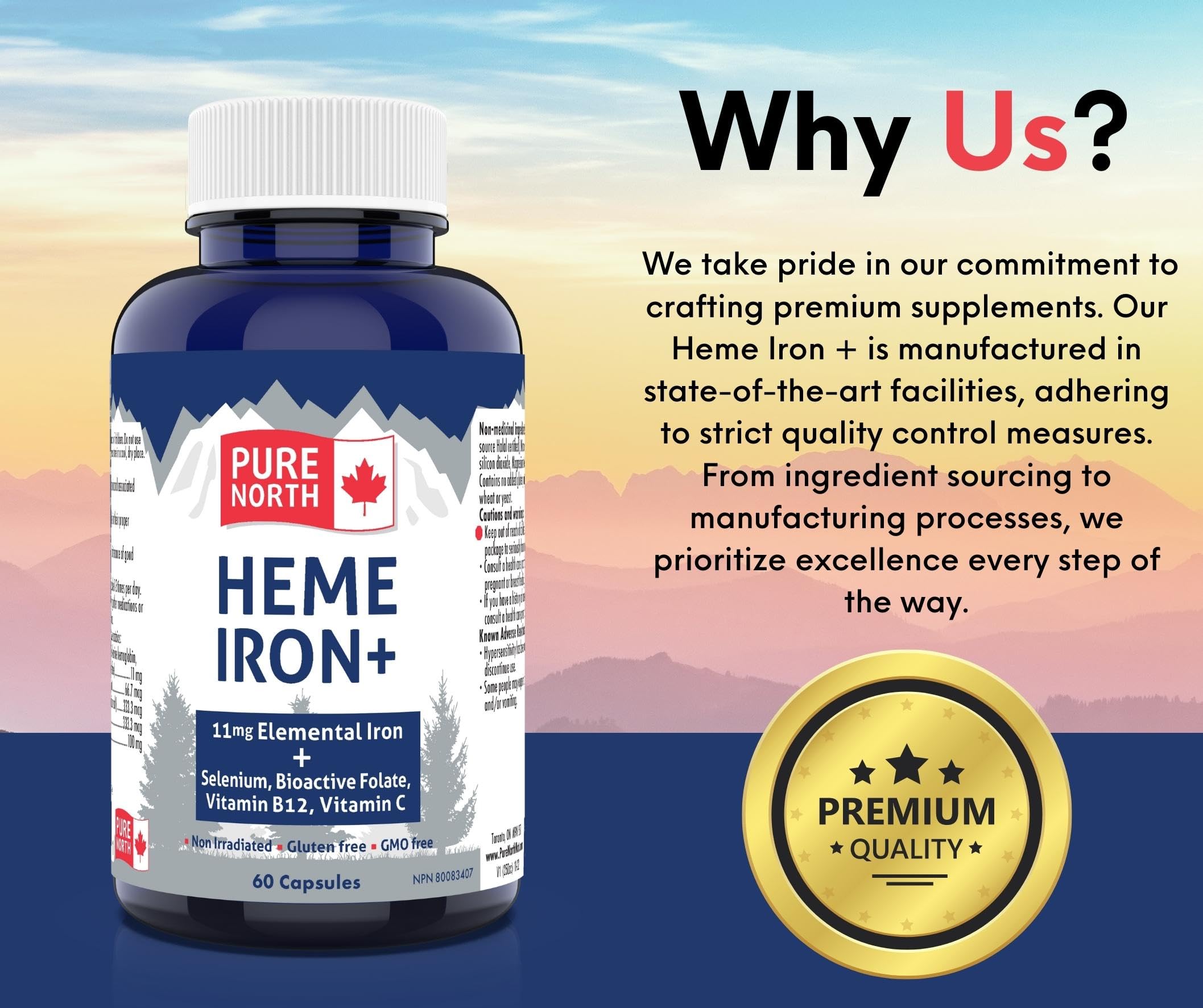 Pure North Naturals - Heme Iron Supplement, 60 Capsules 60-Day Supply - 11mg Elemental Iron + Selenium, Bioactive Folate, Vitamin B12, Vitamin C - 3rd Party Tested - Formulated & Made in Canada