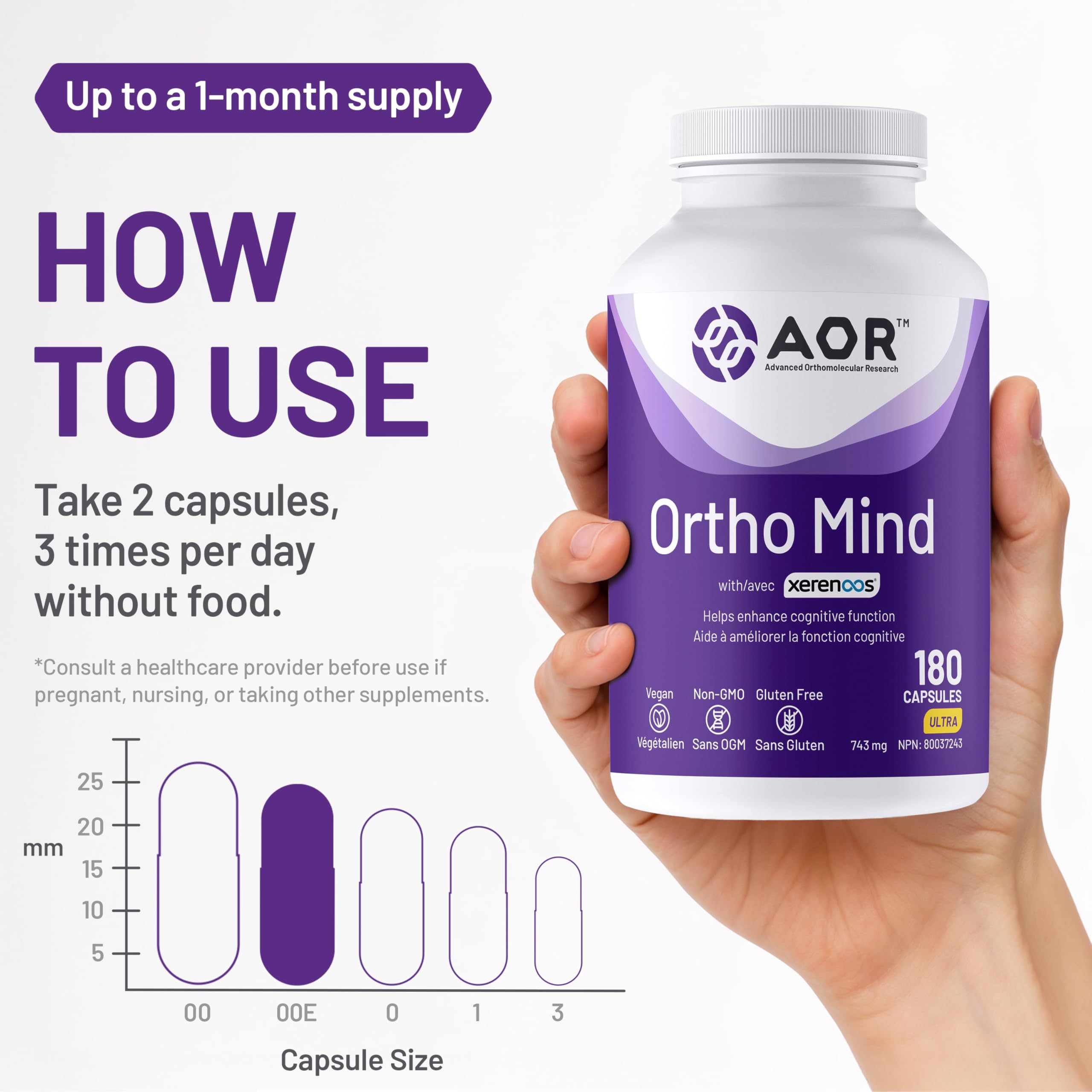 AOR Ortho Mind Soutien cognitif, 180 capsules, approvisionnement de 30 jours – Soutient la concentration et la clarté mentale – Végétalien, sans OGM et sans gluten – Ginseng, acétyl L-carnitine, acide alpha-lipoïque, vitamine pour le soutien cérébral