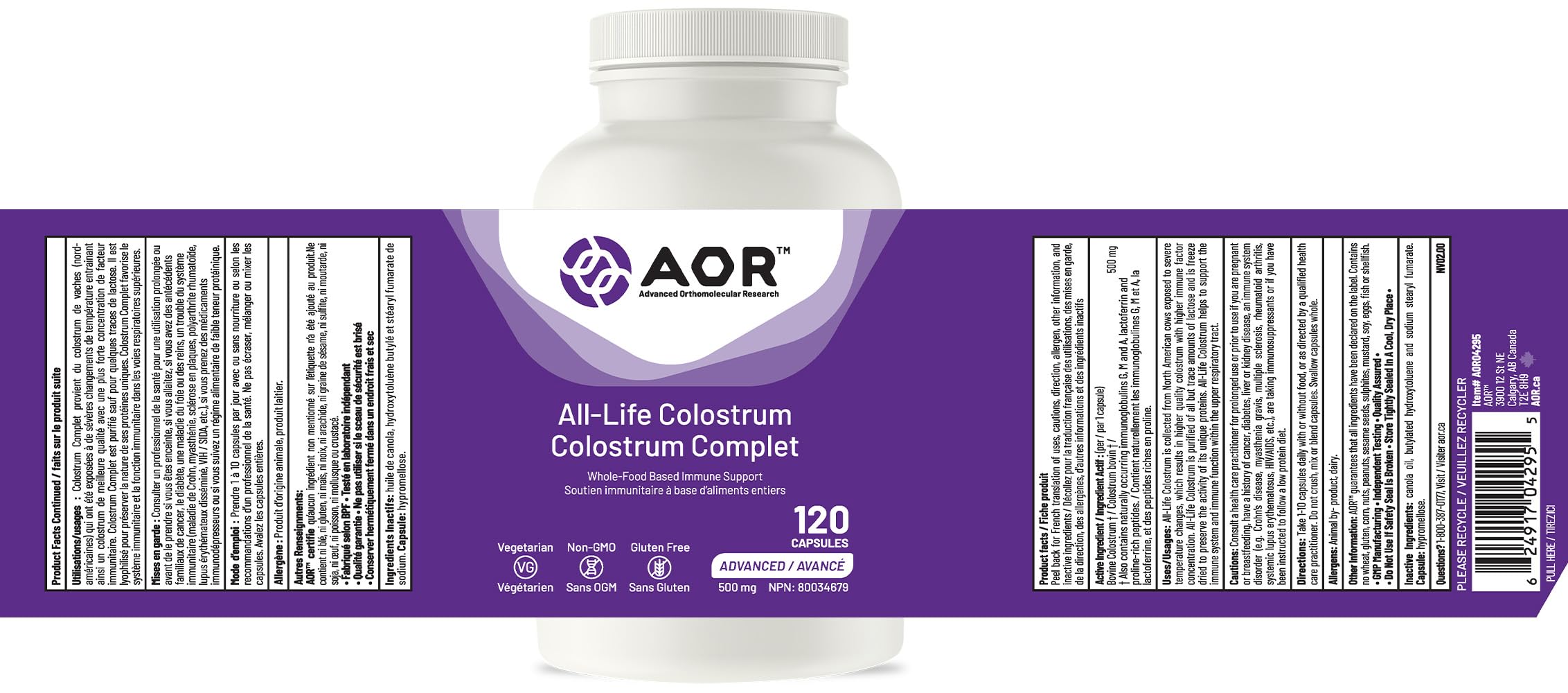 AOR All-Life Colostrum 500mg 120 Capsules 4-Month Supply - Bovine Colostrum Supplement for Gut Health, Skin & Nails, Whole-Food Sourced Colostrum for Vitality - Non-GMO, Vegetarian and Gluten-Free