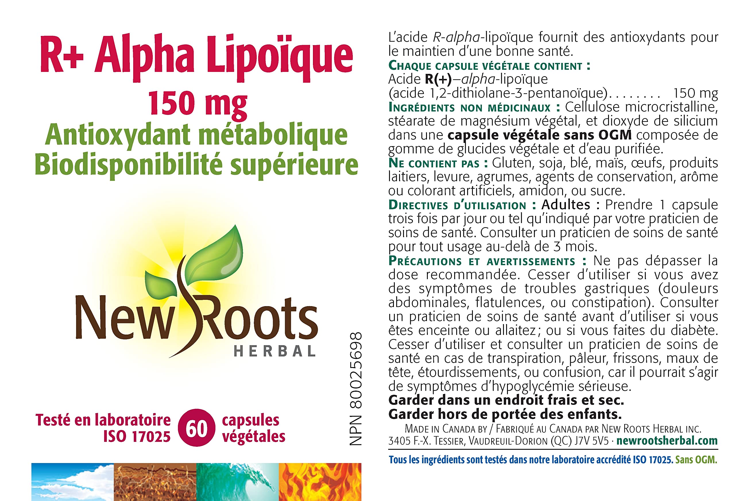 New Roots Herbal Acide Alpha-Lipoïque R+ 150 mg, 60 capsules végétales, Forme R-ALA pure, Soutien antioxydant pour le confort nerveux, l'équilibre du glucose et l'énergie cellulaire, À réfrigérer, Sans OGM, Fabriqué au Canada