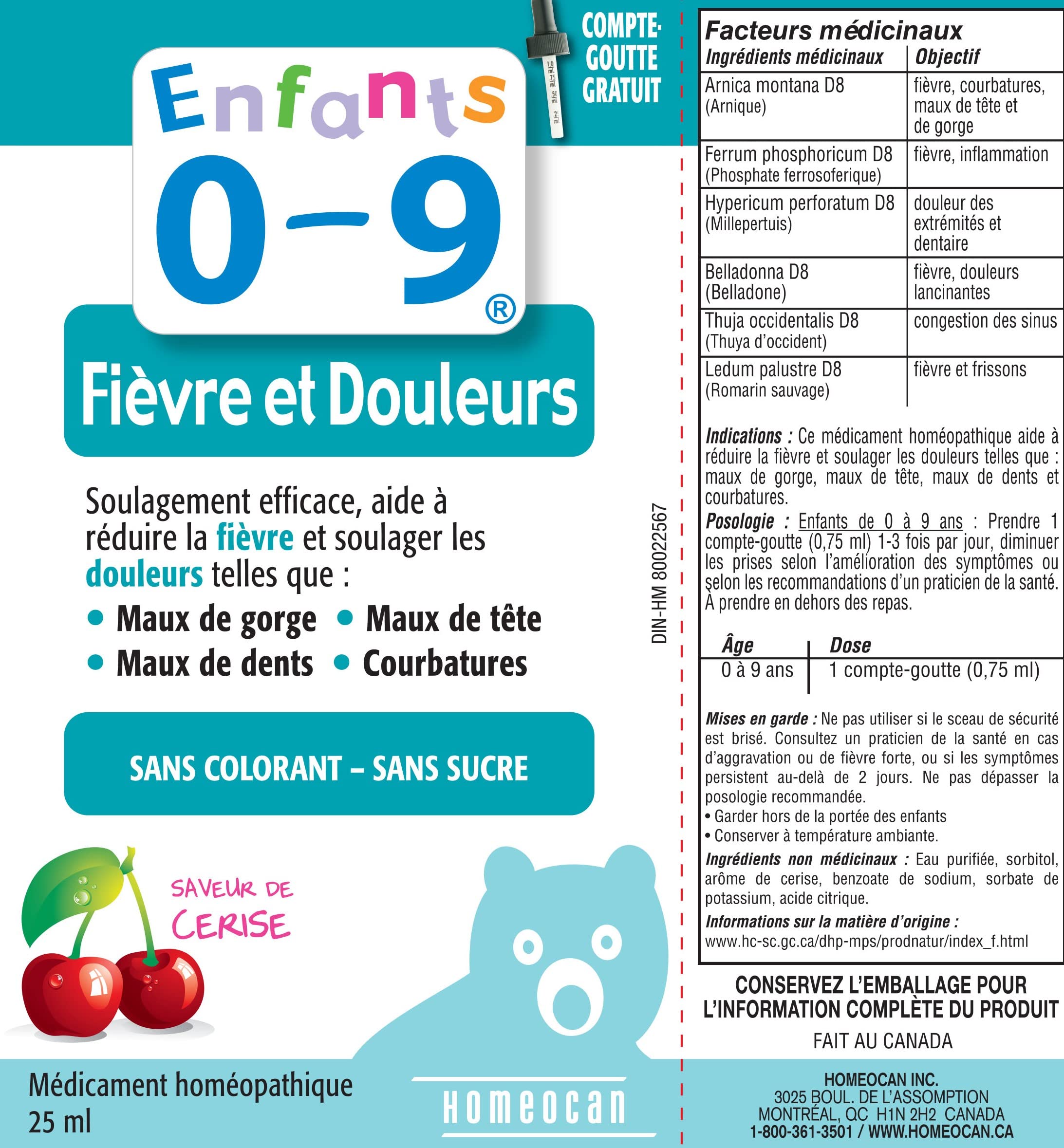 Enfants 0-9 Douleur et Fièvre 25 ml 33 doses – Saveur cerise – Aide à réduire la fièvre et à soulager la douleur due aux maux de gorge, aux maux de dents, aux maux de tête et aux courbatures – Solution orale pour enfants – Sans colorant ni sucre