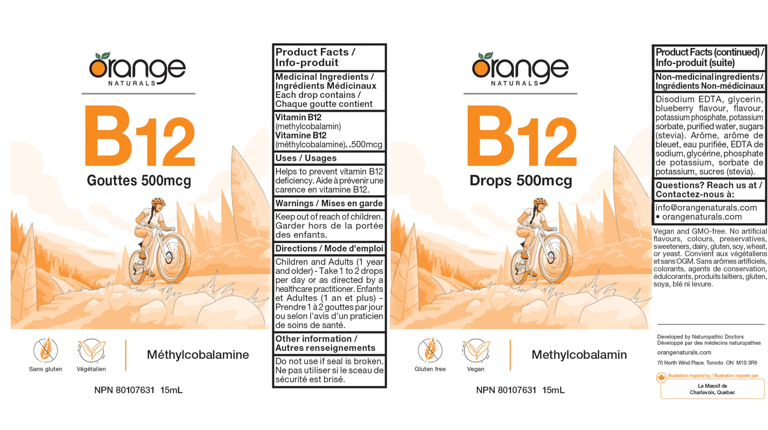 Orange Naturals Vitamin B-12 Liquid Drops, 15 ml, 300-Day Supply, Methylcobalamin 500mcg – Tasty Blueberry Flavor, Promotes Daily Vitality and Wellness – Vegan, Non-GMO, Made in Canada, Easy-to-Use