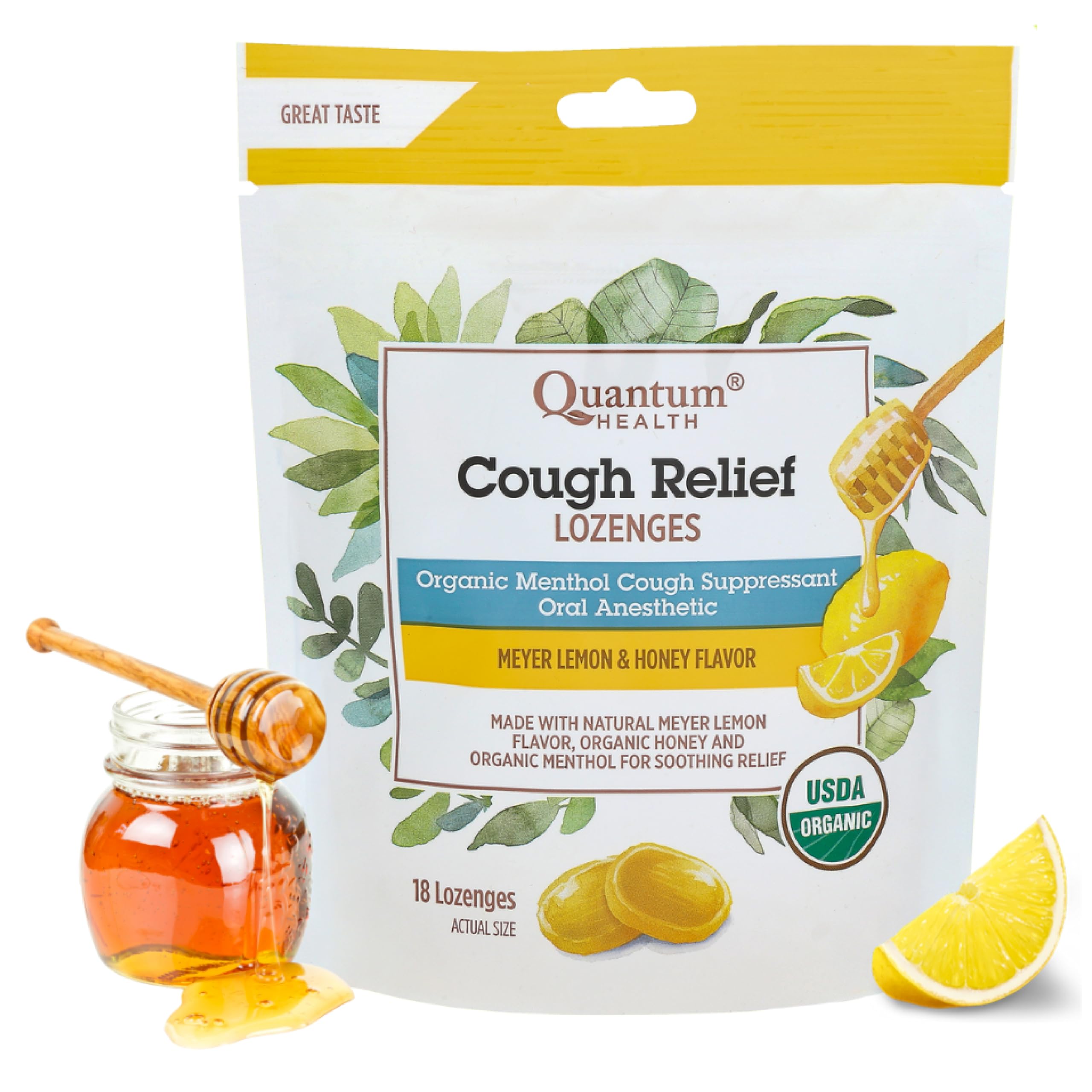 Pastilles Quantum Health biologiques pour le soulagement de la toux, Citron Meyer et miel, 18 unités
