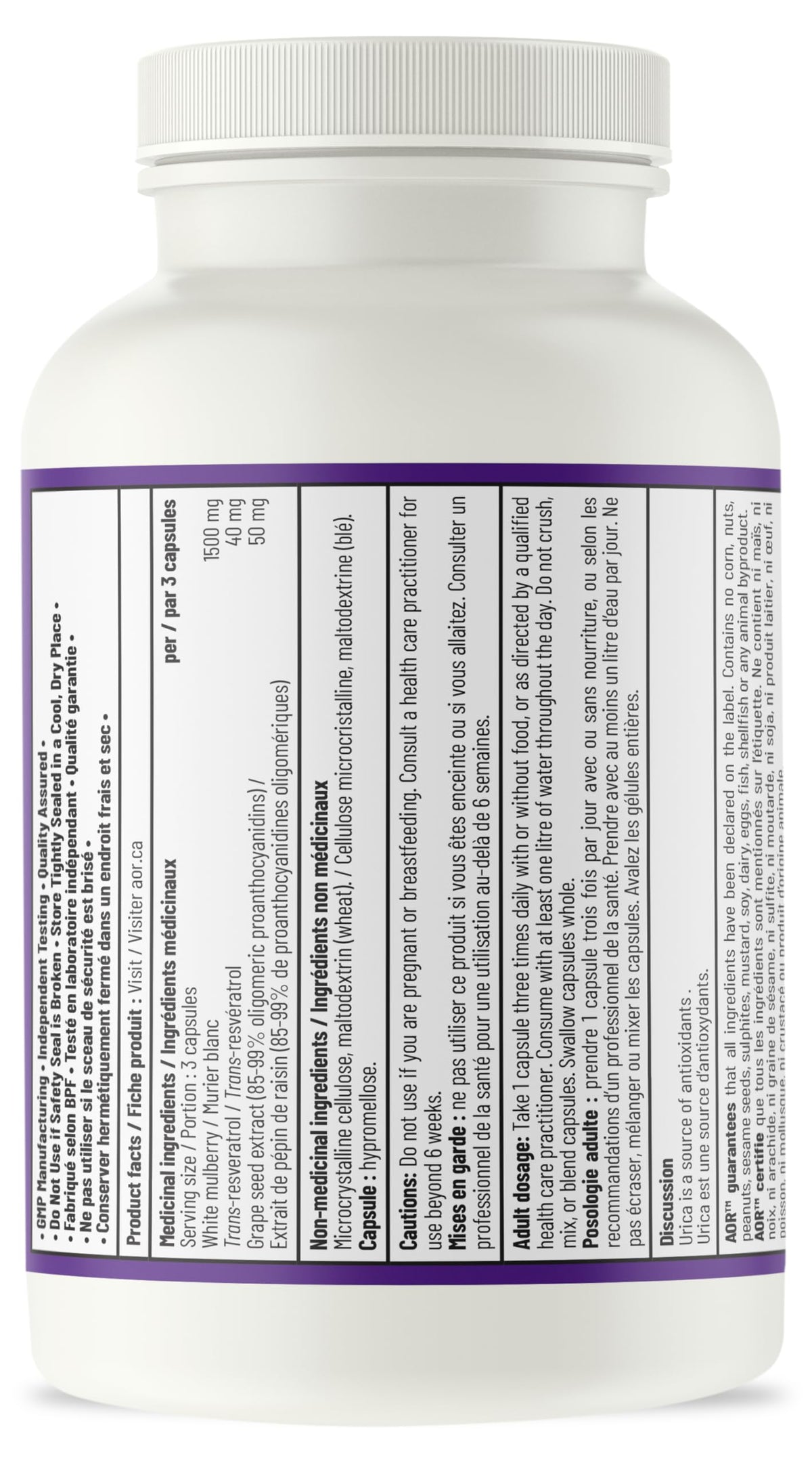 AOR Urica, Uric Acid, White Mulberry, Resveratrol, Gluten Free, 90 Capsules