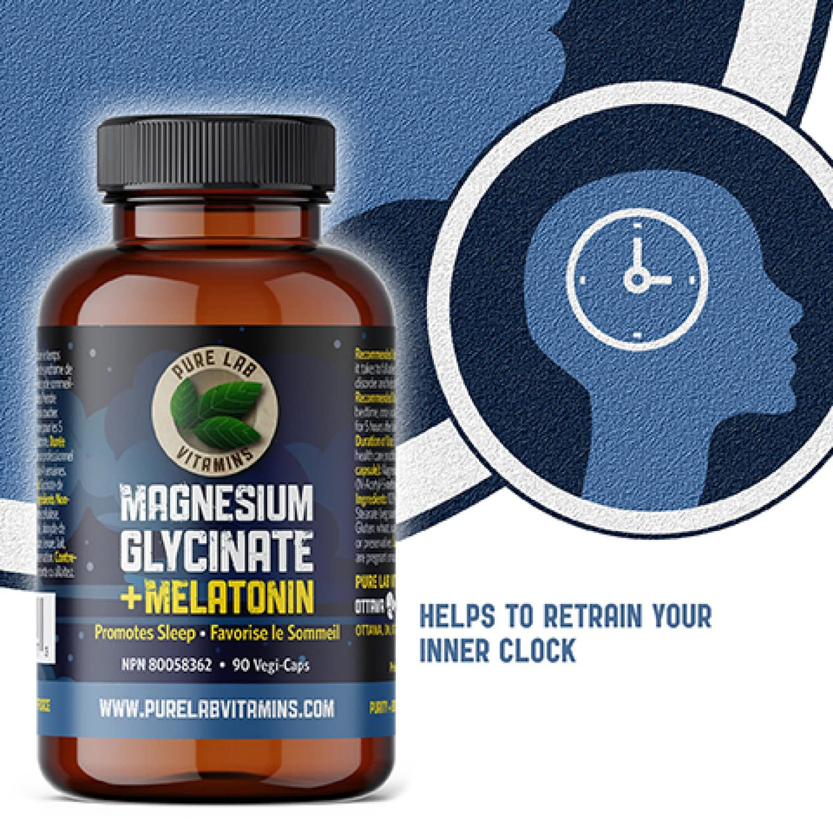 Pure Lab Vitamins - Magnesium Glycinate 100mg with Melatonin 3mg, 90 Vegan Caps - 3mg Melatonin and Magnesium Glycinate Supplement