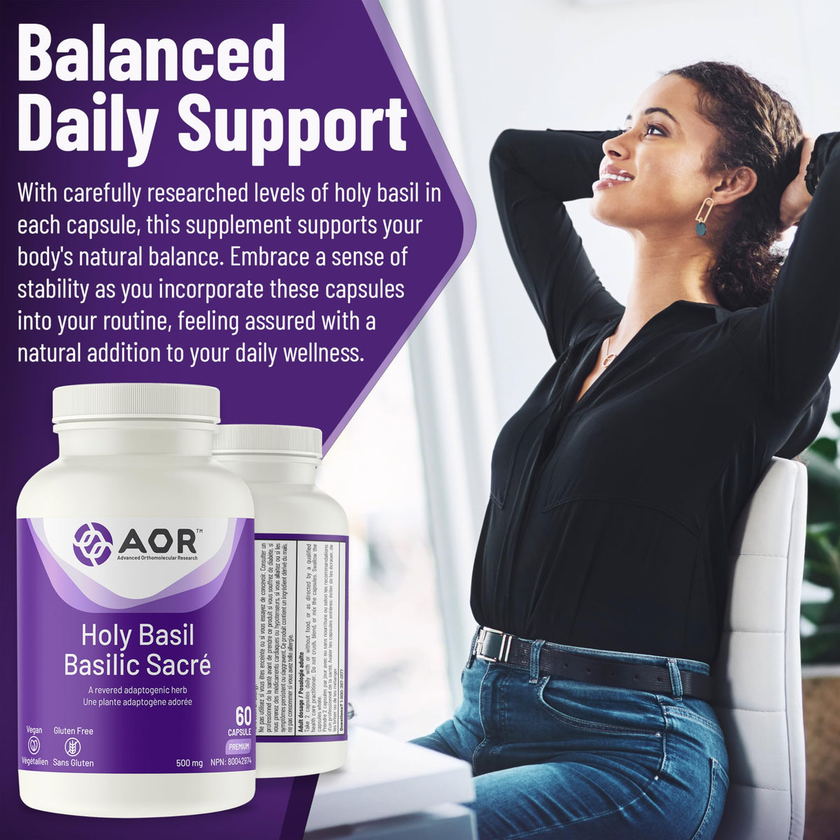 AOR Holy Basil Extract 500mg Supplement, Vegan Capsules, Tulsi, 60 Capsules