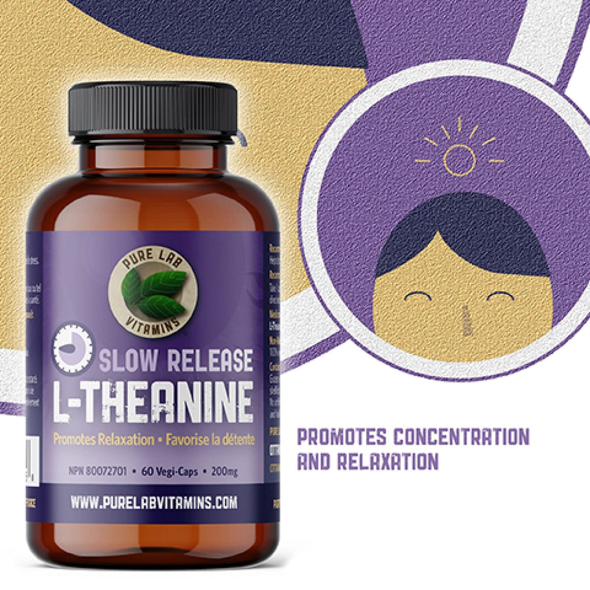 Pure Lab Vitamins | Slow Release L-Theanine 200mg | 60 Vegi Capsules | Concerns and Pressure Relief Supplements | Brain Memory & Focus Supplement for Adults