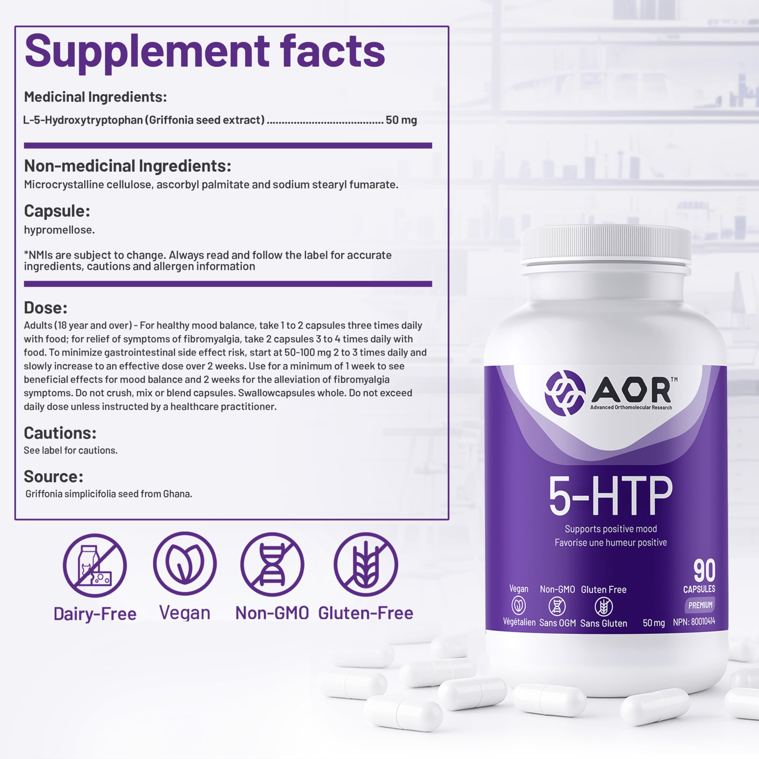 AOR 5-HTP 50mg, 90 gélules, cure de 30 jours – Complément de 5-hydroxytryptophane pour la relaxation, le soutien de la sérotonine et un sommeil réparateur – Végétalien, sans OGM ni gluten, facile à avaler, formule à base d'acides aminés