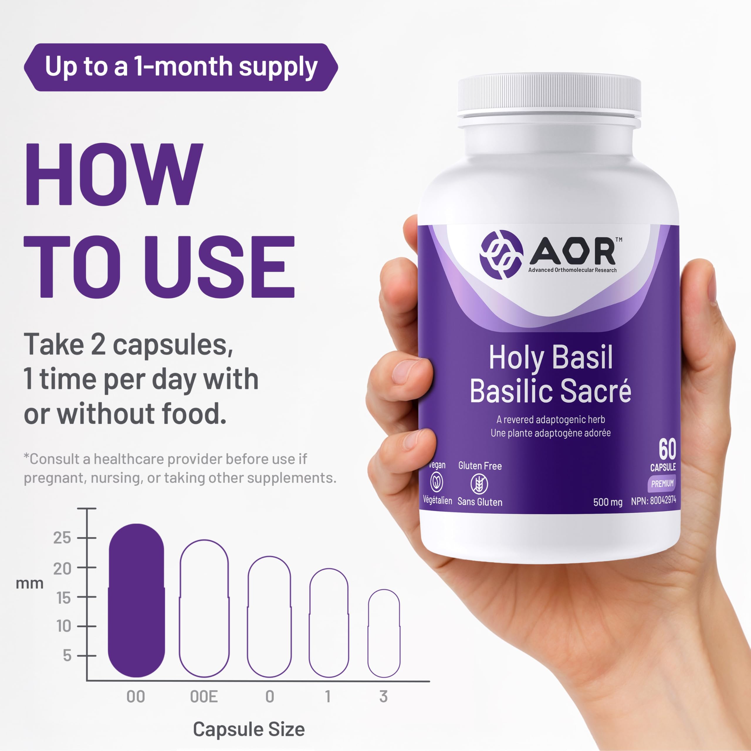 AOR Basilic Sacré (Tulsi) 500mg, 60 gélules – Cure de 30 jours – Herbe adaptogène vénérée, Bienfaits traditionnels de l'Ayurveda – Végétalien et sans gluten – Favorise le niveau d'énergie, Formule à base de plantes pour la vitalité quotidienne