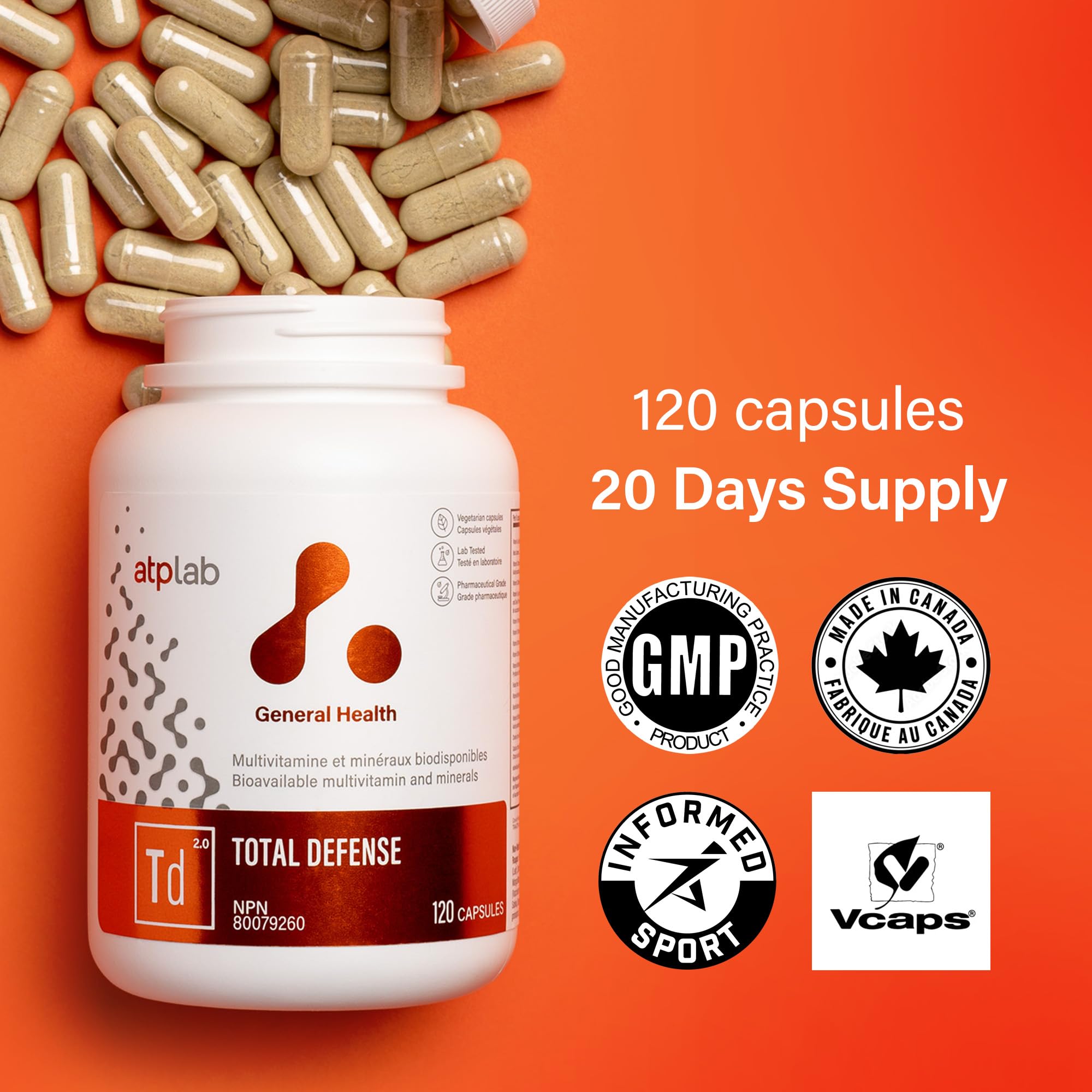 ATP LAB Total Defense, 120 gélules – Approvisionnement de 120 jours – Supplément multivitaminique/multiminéral pour adultes – Zinc et vitamine D3 avec vitamines B (B1, B2, B3, B6, B12), cuivre et magnésium, soutien du bien-être quotidien