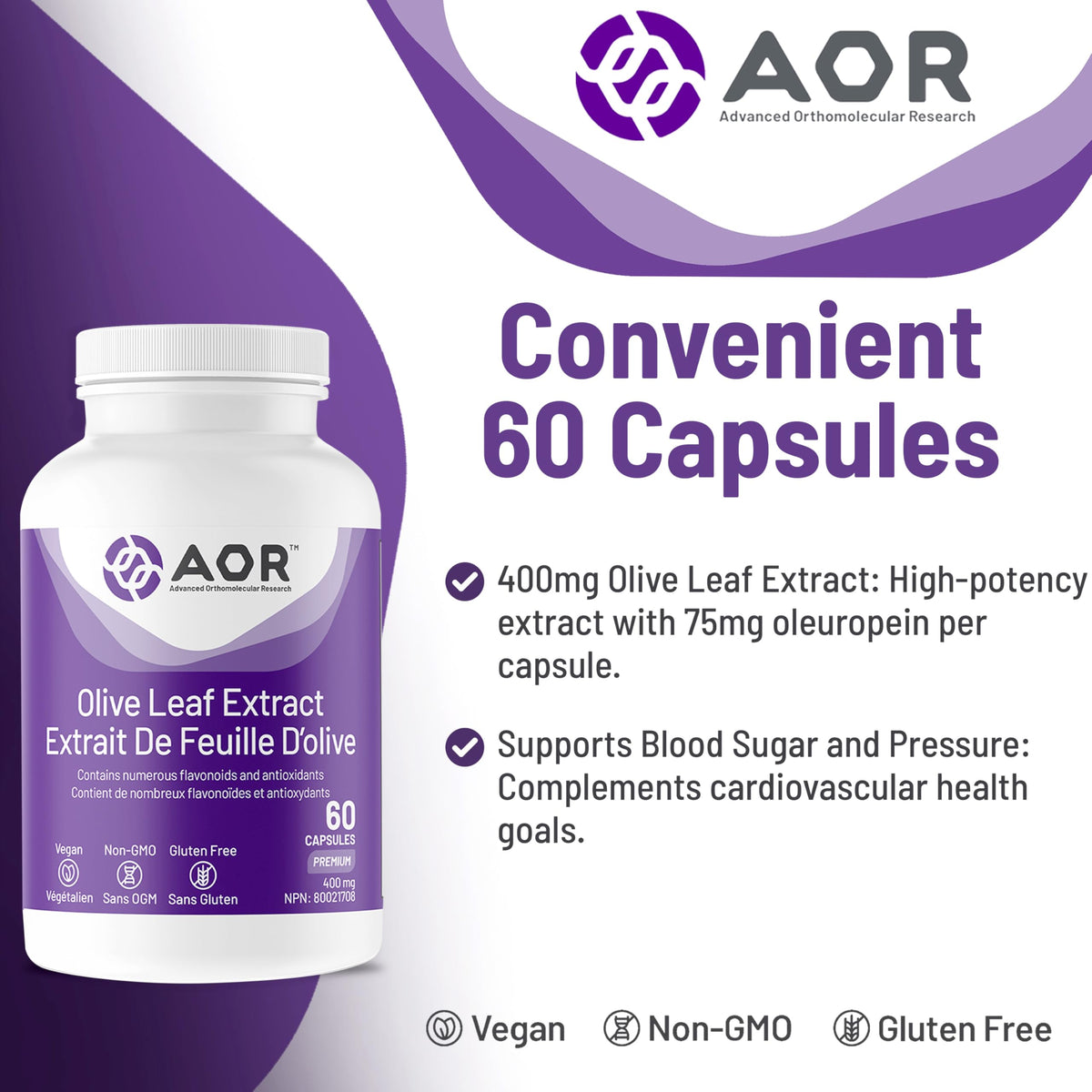 AOR Olive Leaf Extract, 20% Oleuropein, Non GMO, 60 Capsules, 30 Day Supply