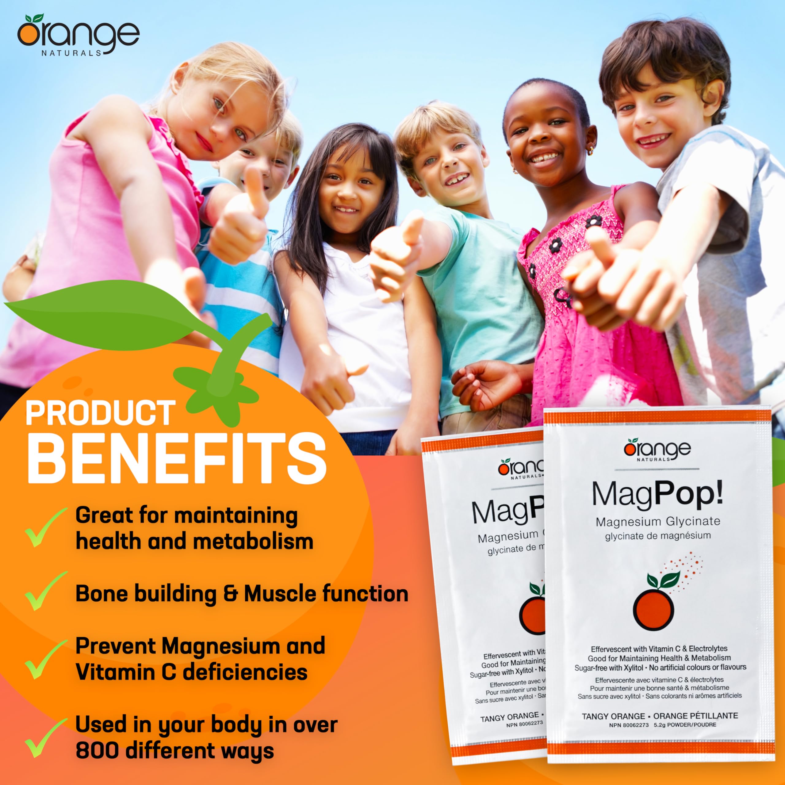 Orange Naturals - MagPop! Poudre effervescente de glycinate de magnésium avec vitamine C, 35 sachets, pour 35 jours - Équilibre électrolytique, favorise le sommeil, la relaxation et la fonction musculaire, la santé des os et des dents