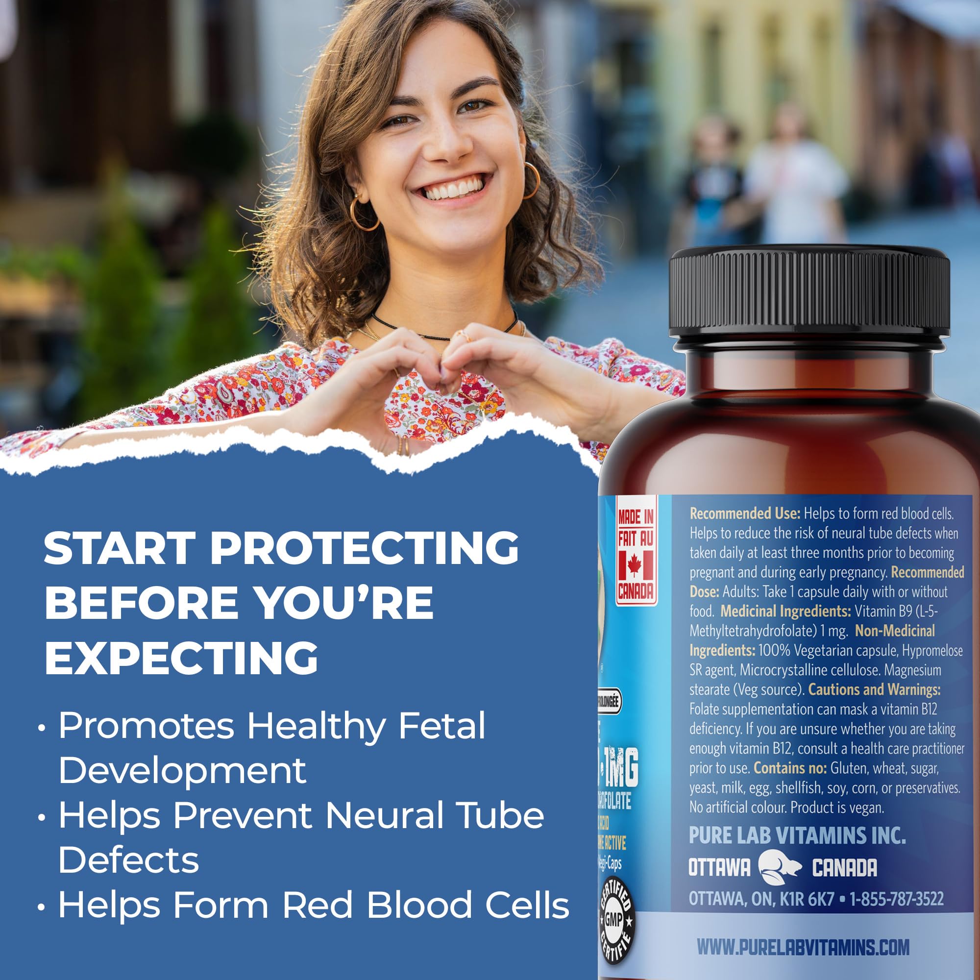 Pure Lab Vitamins BioActive Folic Acid (L-5-methyltetrahydrofolate) 50 mg - Slow Release - 60 Vegi-Caps