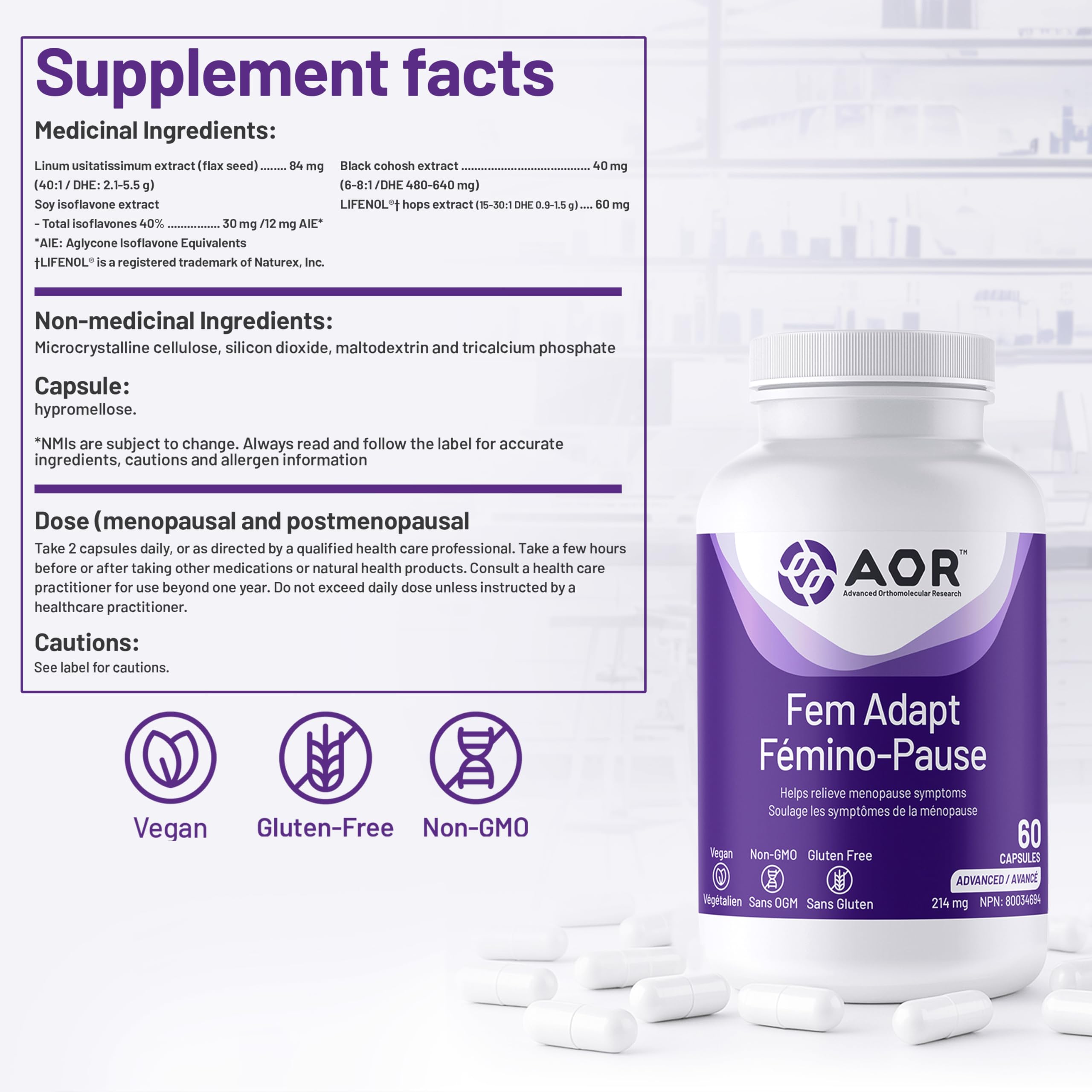 AOR Fem-Adapt 60 gélules – Cure de 30 jours – Végétalien, sans OGM, soutien ménopause pour femmes – Favorise l'équilibre hormonal – Soutient le confort pendant les bouffées de chaleur et les niveaux d'énergie – Encourage le bien-être général