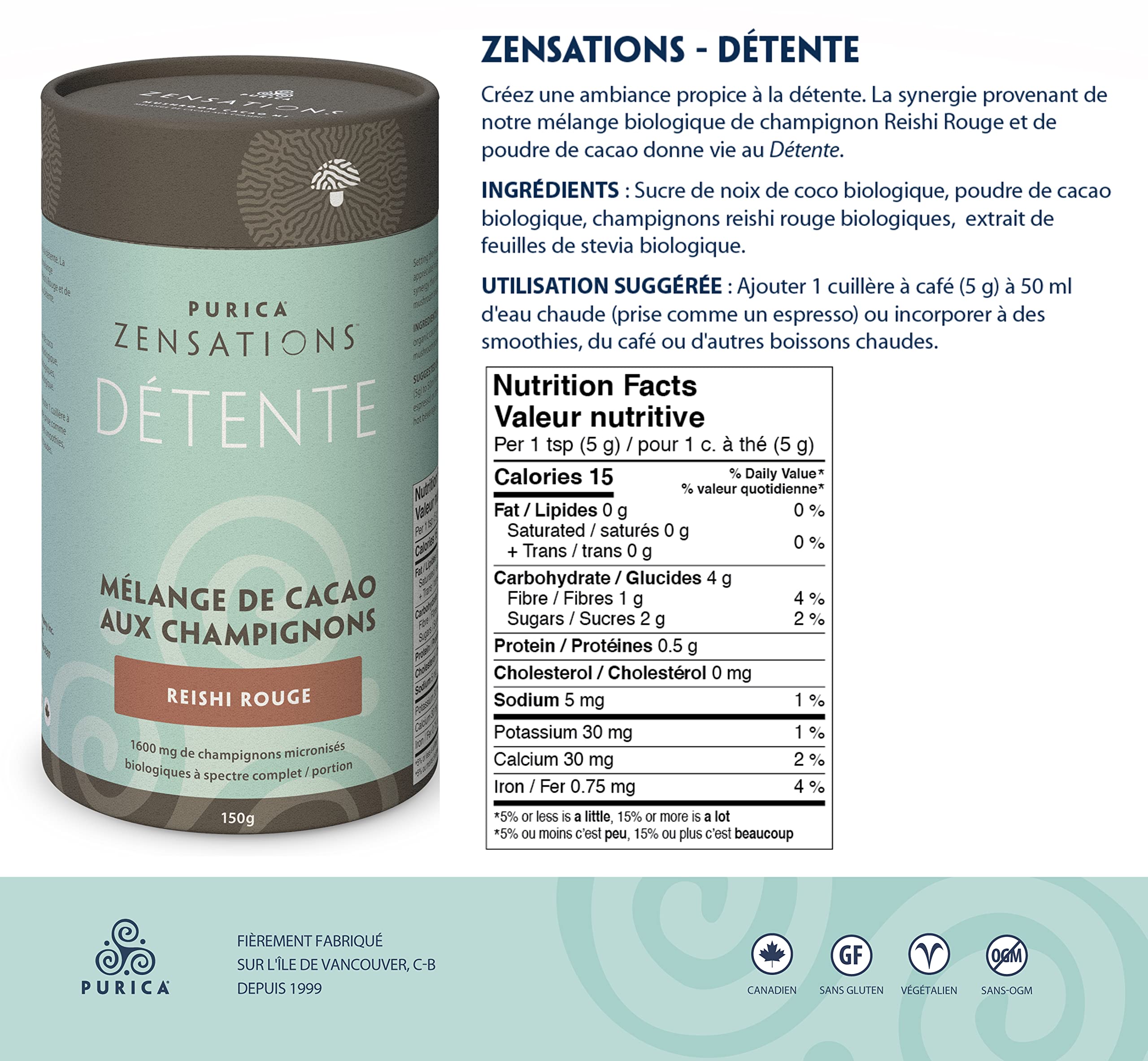 PURICA - Boisson cacao au champignon Reishi rouge Zensations - 150 g