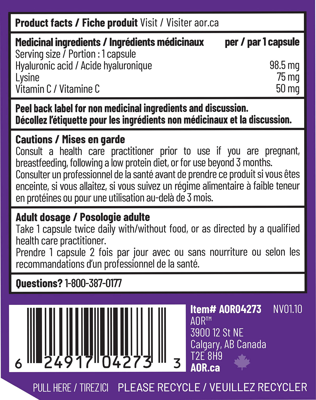 AOR Lysine, Hyaluronic Acid & Vitamin C, Collagen Supplement, 60 Capsules