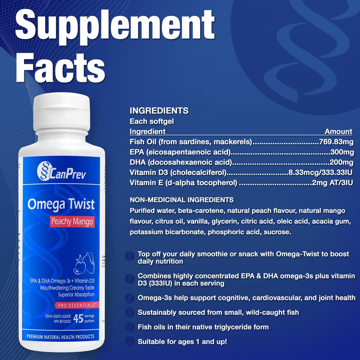 CanPrev Omega Twist Omega 3 Liquid Supplement, Vitamin D3, 45 Servings