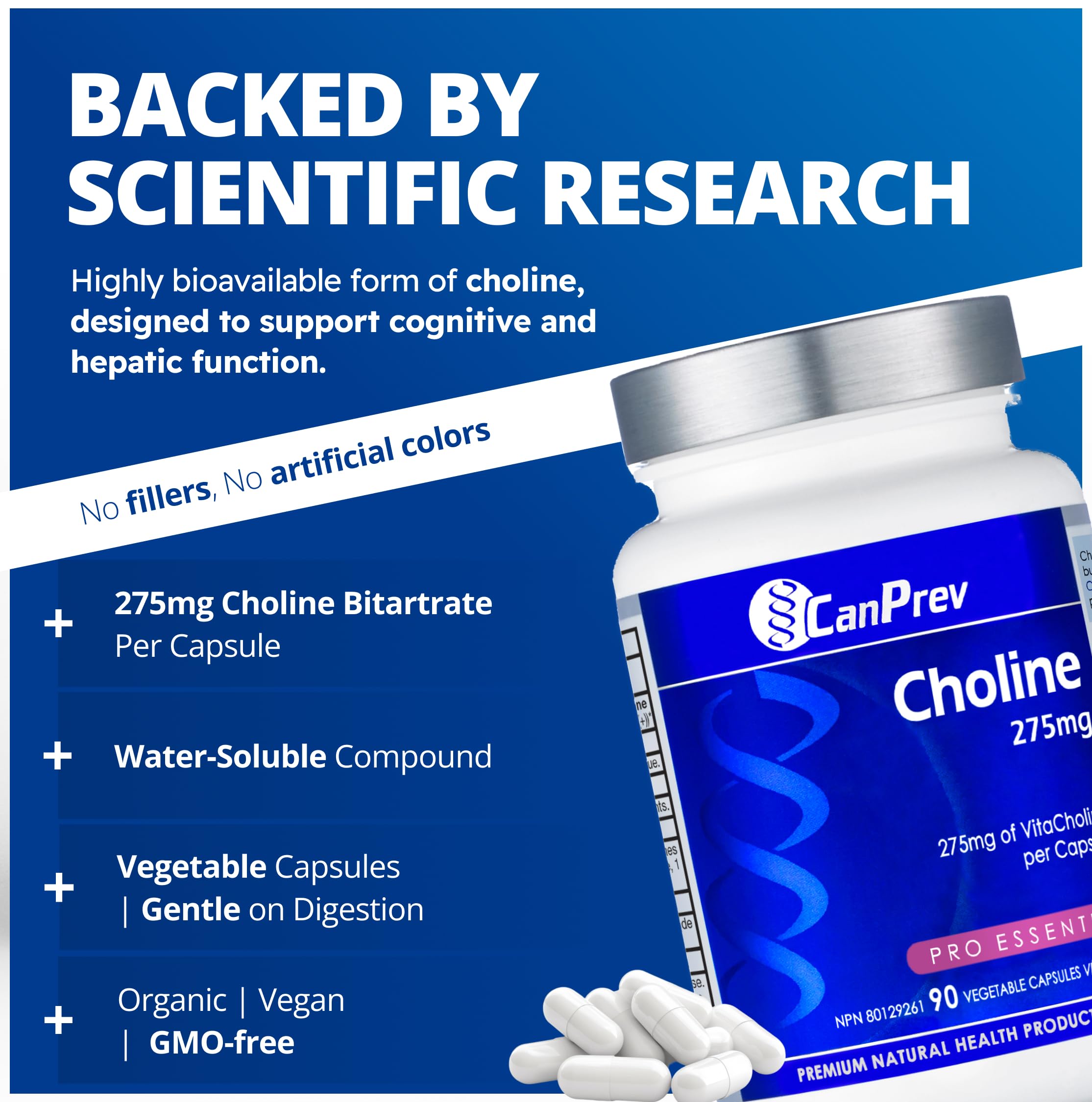 CanPrev Choline 275mg 90 Veggie Capsules, 90-Day Supply, VitaCholine for Cognitive Function, Memory & Focus, Vegan, Non-GMO, Gluten & Soy-Free, Supports Pregnancy, Liver & Heart Health, Made in Canada