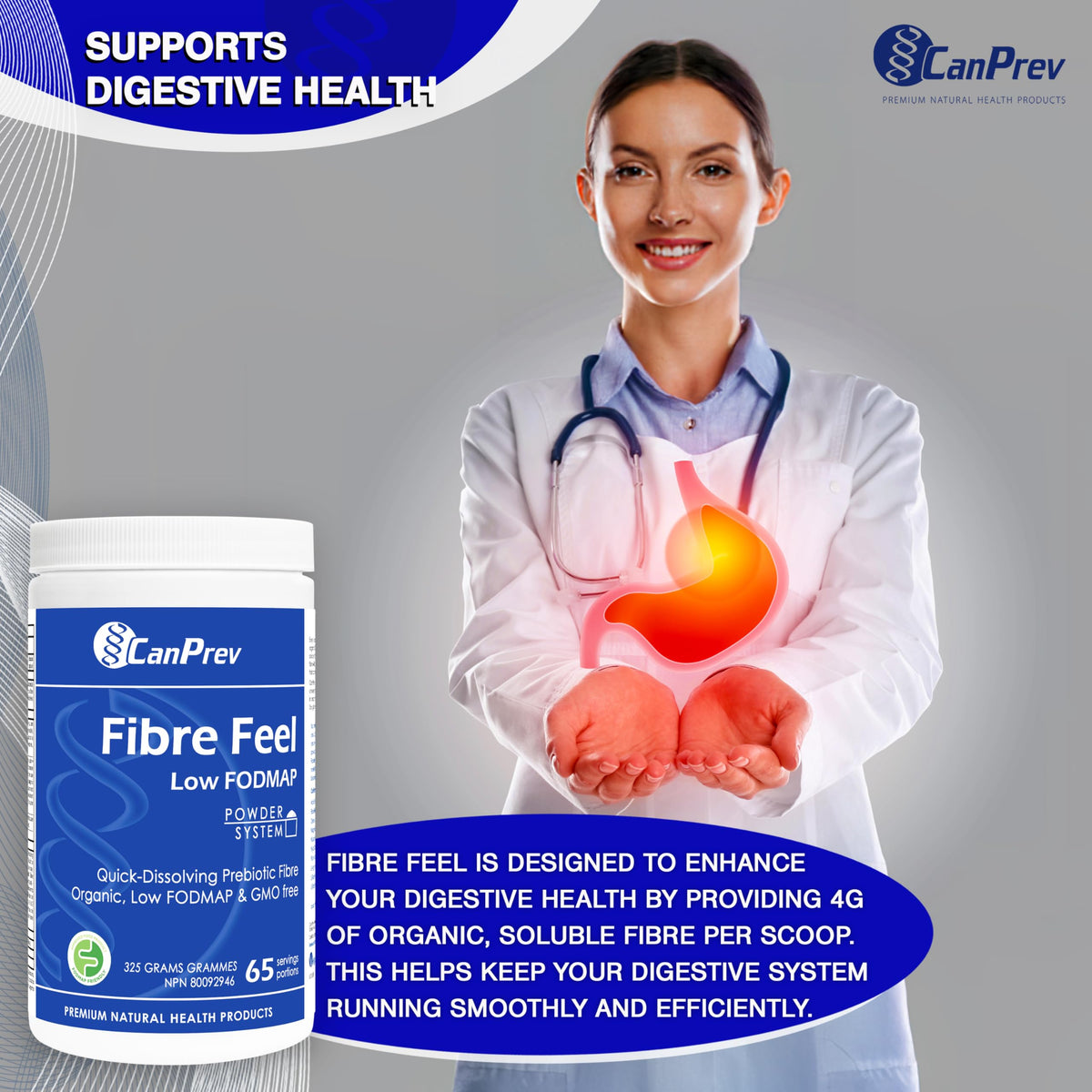 CanPrev Organic Fibre Feel Powder, 5g Acacia Fibre, Quick-Dissolving, 325g
