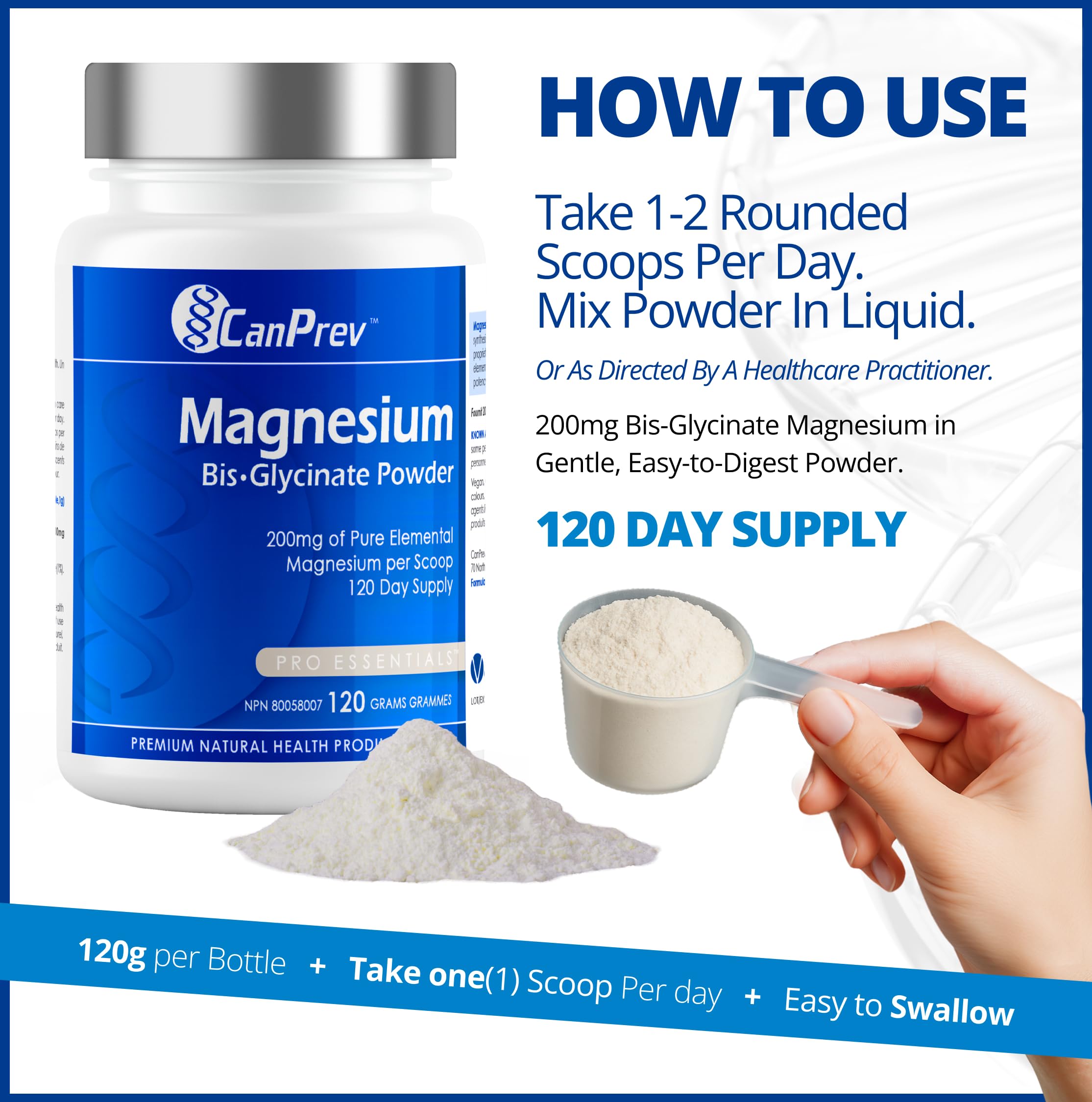 CanPrev Poudre de bisglycinate de magnésium 200 mg, 120 g, Approvisionnement de 120 jours - Bisglycinate de magnésium pur chélaté pour soutenir la santé des os, des dents et la fonction musculaire - Doux et facile à absorber - Convient aux végétaliens