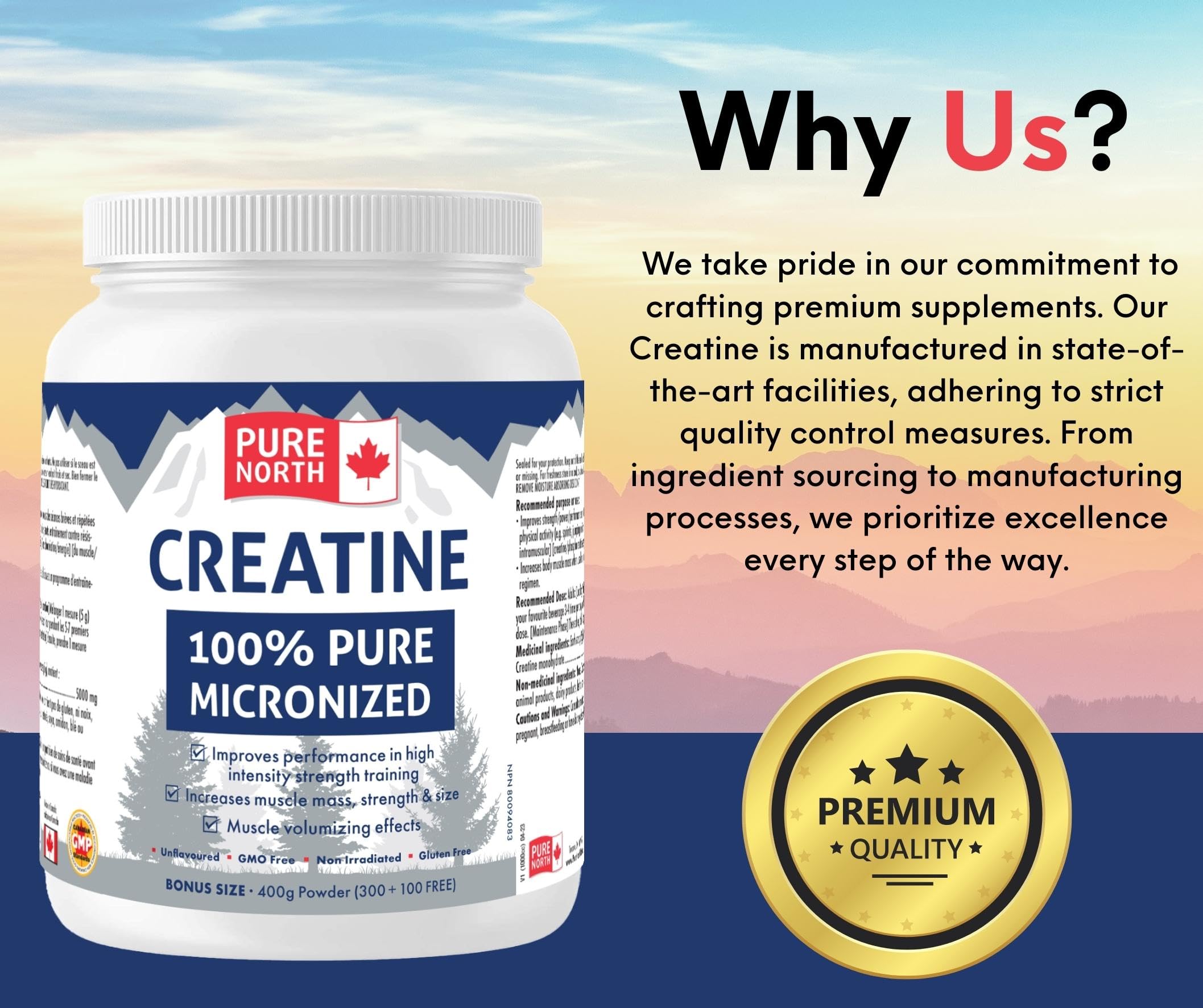 Pure North Naturals - Creatine 100% Pure Micronized 400g Powder 80-Servings - Improve Muscle Mass, Strength and Size - Improve Training Performance - 3rd Party Tested - Formulated & Made in Canada