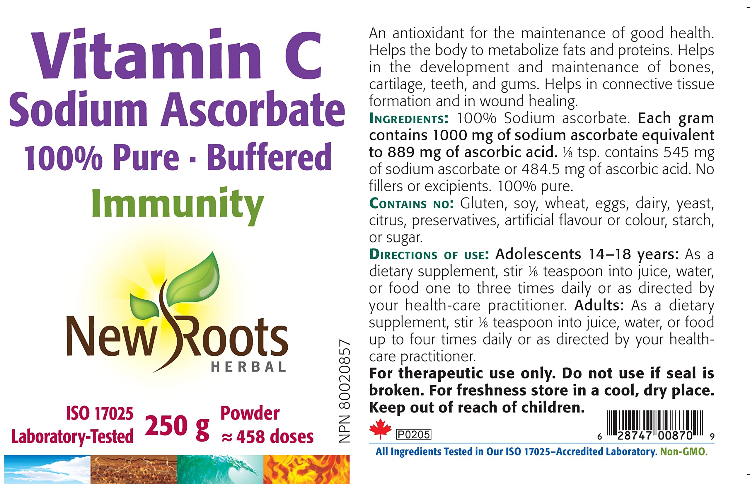 New Roots Herbal Vitamine C Ascorbate de Sodium Pure en Poudre 250g, Tamponnée et Douce pour l'Estomac, Soutient la Santé des Os, Dents, Gencives et Cartilages, 458 Portions