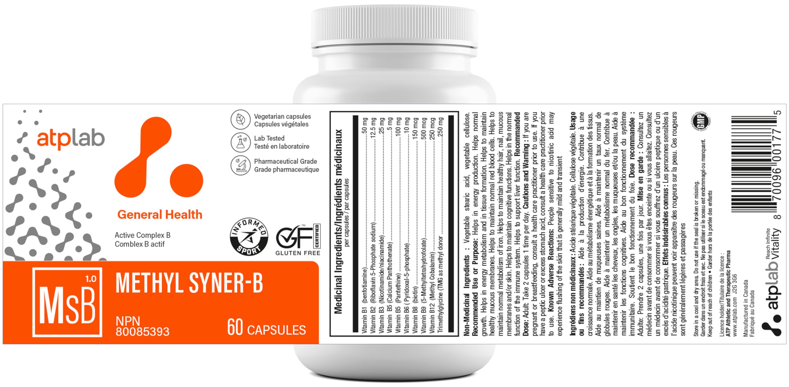 ATP LAB - Methyl Syner-B Complexe de Vitamines B 60 Capsules 30 Jours d'Approvisionnement - Vitamines B Méthylées - Suppléments Cérébraux pour la Mémoire et la Concentration - Vitamine B Méthylée