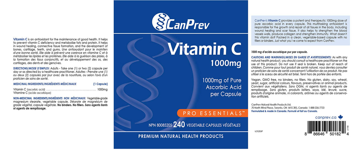 CanPrev Vitamin C 1000 mg Capsules, Vegan, Gluten Free, 240 Capsules