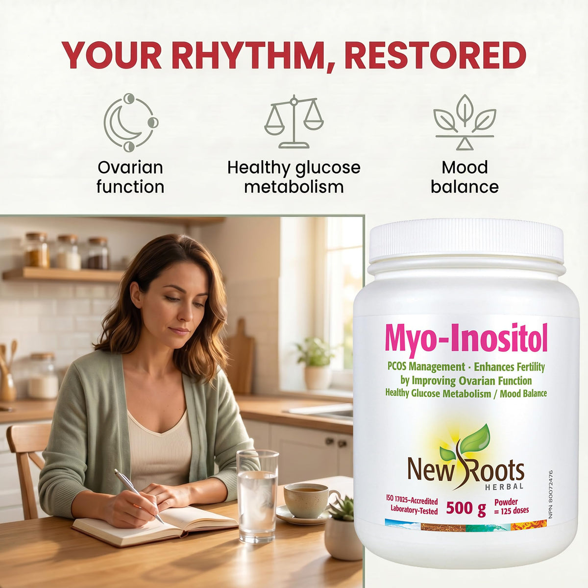 New Roots Herbal Myo Inositol for Women, Cycle Support, 4g per Scoop, 500g