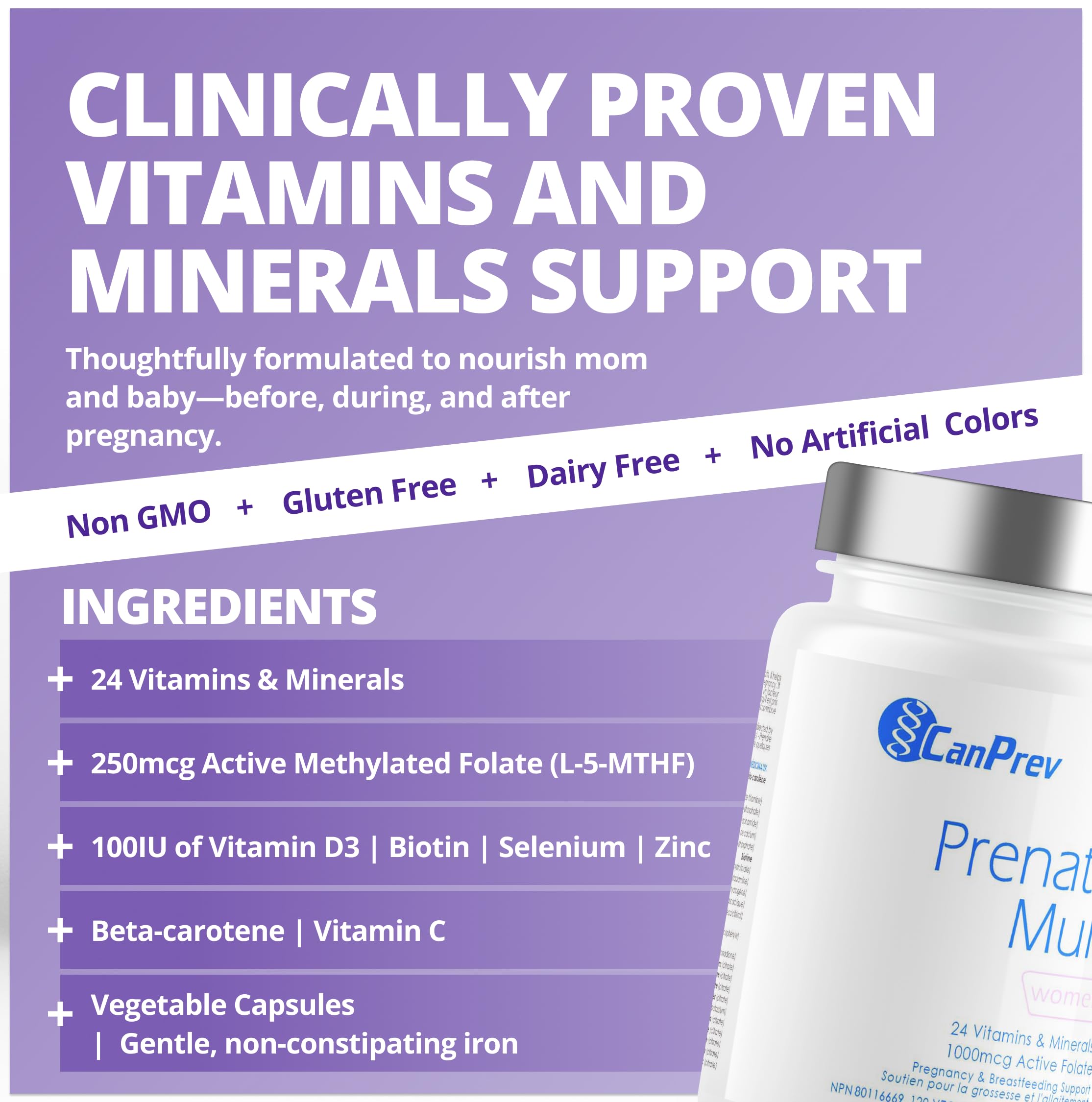 CanPrev Multi Prénatal 120 gélules - 30 jours d'approvisionnement - Vitamines prénatales avec acide folique pour la grossesse et l'allaitement, multivitamine et minéraux prénatals pour femmes, 1000 mcg de folate actif - Sans OGM et sans gluten