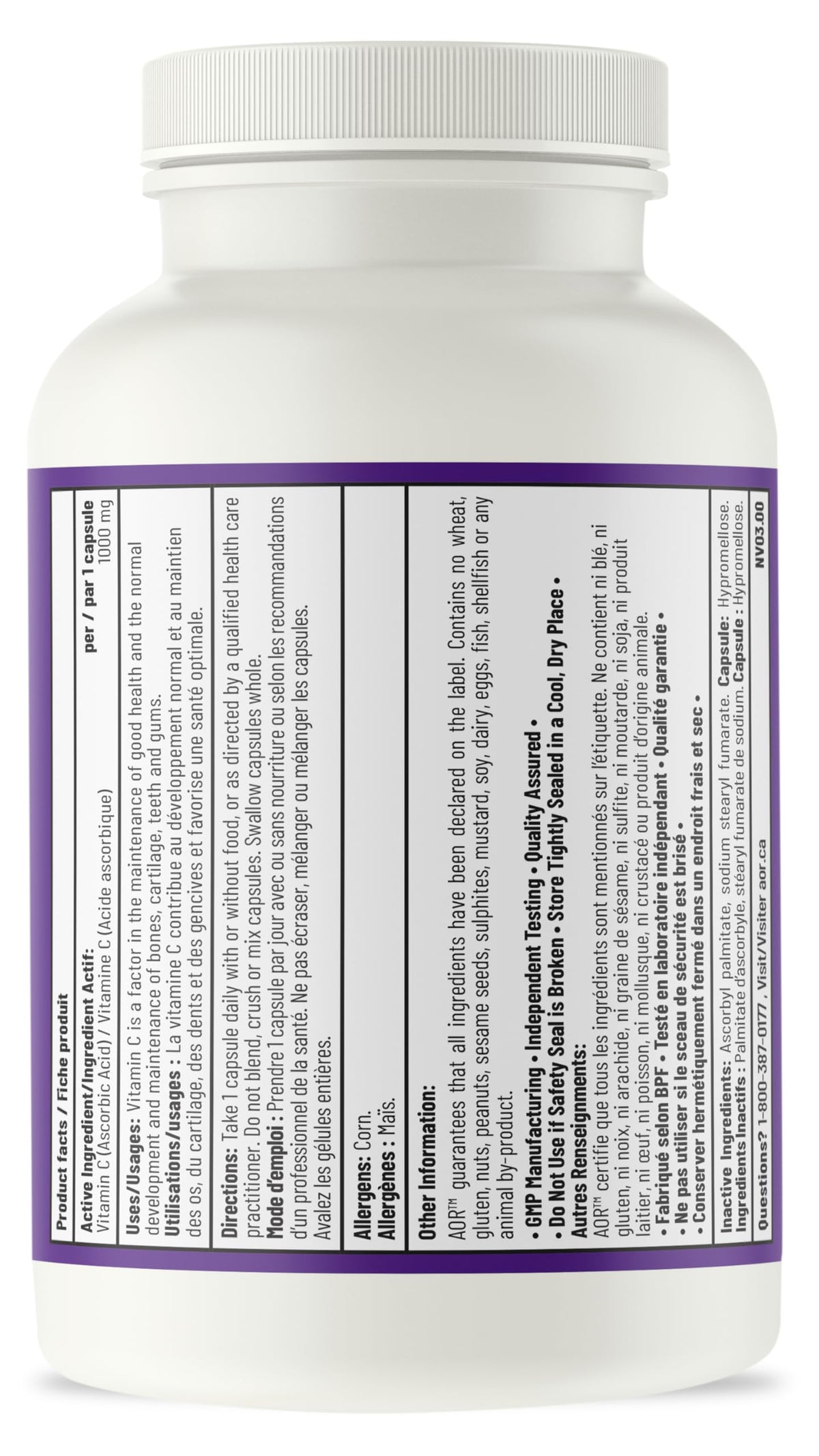 AOR Vitamin C 1000mg Capsules, Vegan Vitamin C, Immune Support, 100 Pack