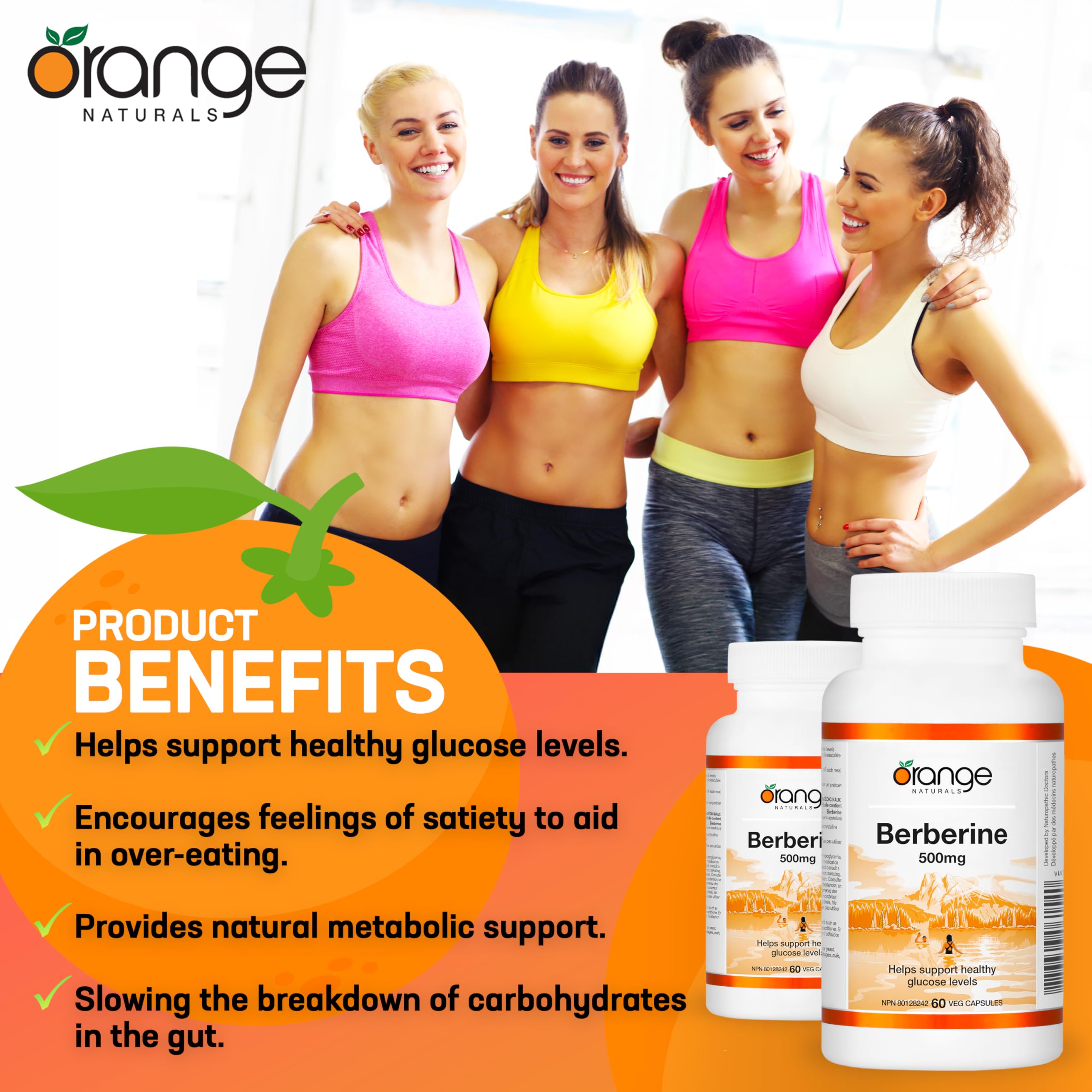 Orange Naturals - Berberine 500mg, 60 gélules (30 jours d'approvisionnement) - La berbérine aide à soutenir des niveaux de glucose sains, des niveaux de cholestérol sains et la santé cardiovasculaire - Végane et sans OGM - Soutien métabolique naturel
