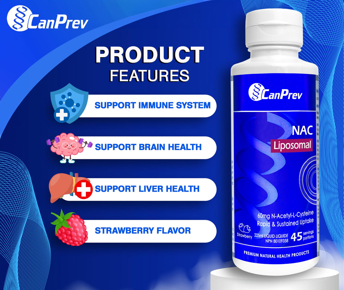 CanPrev Liposomal NAC Supplement, N Acetyl Cysteine, Strawberry, 225ml