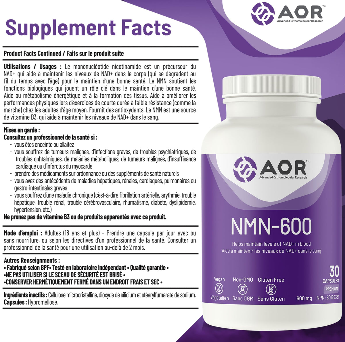 AOR NMN 600mg Capsules, Made in Canada, 30 Vegan Capsules, 30 Day Supply