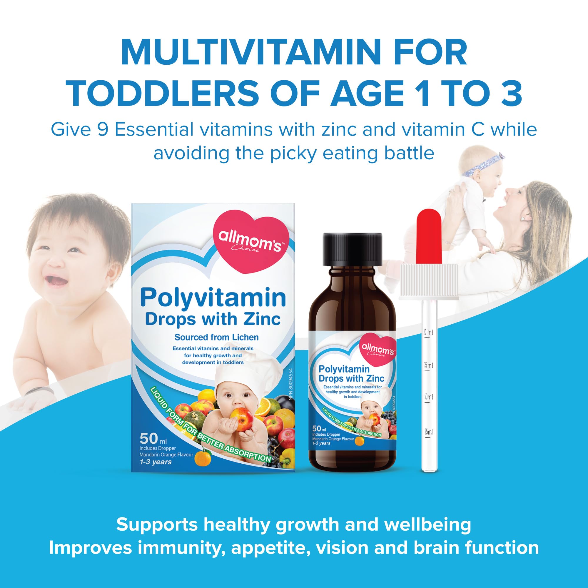 Gouttes multivitaminées Allmom's Choice avec Zinc, 1-3 ans, 9 vitamines essentielles (vitamines A, complexe B, C, D3) et zinc, qui manquent souvent dans l'alimentation des enfants. Excellent goût sous forme liquide facile à prendre, pour 50 jours.