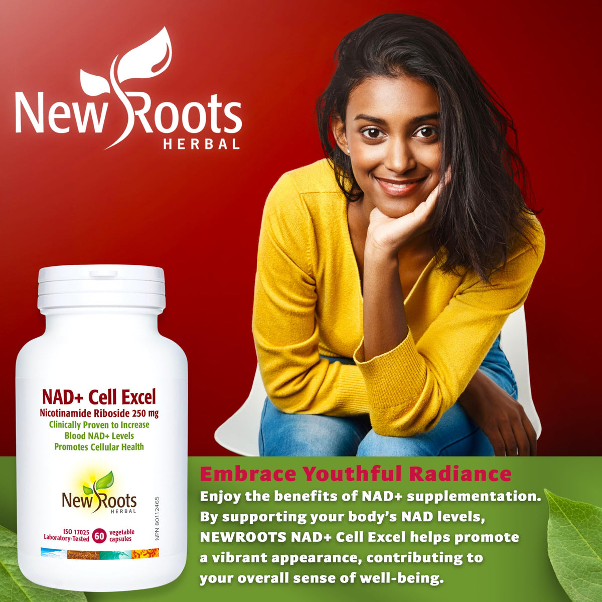 New Roots Herbal NAD+ ExCell, Nicotinamide Riboside 250mg, B3, 60 Veg Caps