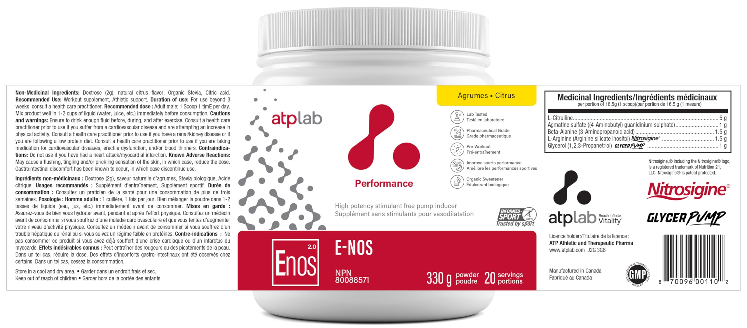 ATP LAB - E-Nos 330g Poudre Saveur Agrumes - Améliore la performance sportive, aide à maintenir et à soutenir la santé cardiovasculaire - Inducteur de pompe et Poudre Pre Workout