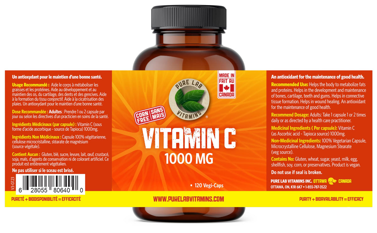 Pure Lab Vitamins | Vitamin C 1000mg | 120 Vegi Capsules | Ascorbic Acid Vitamin C Supplement | Immune System Support & Antioxidant Supplement | Vitamin C Capsules 1000mg | Natural Vitamin C Supplement