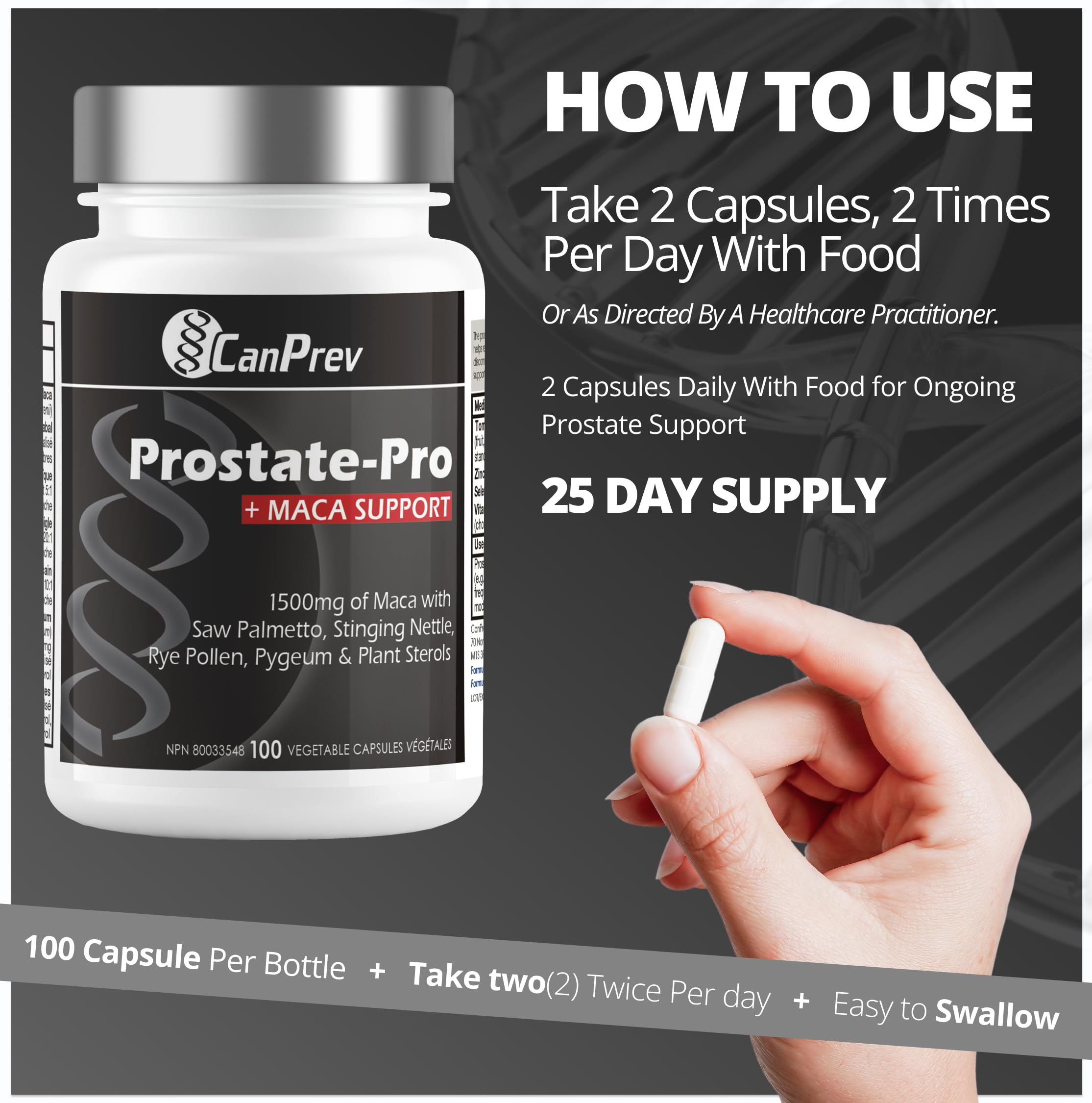 CanPrev Prostate-Pro + Maca Support - 100 V-Capsules - Formule de soutien de la prostate pour hommes - Favorise le bien-être de la prostate - Avec vitamine D3 et citrate de zinc - Aide à réduire la fréquence des mictions
