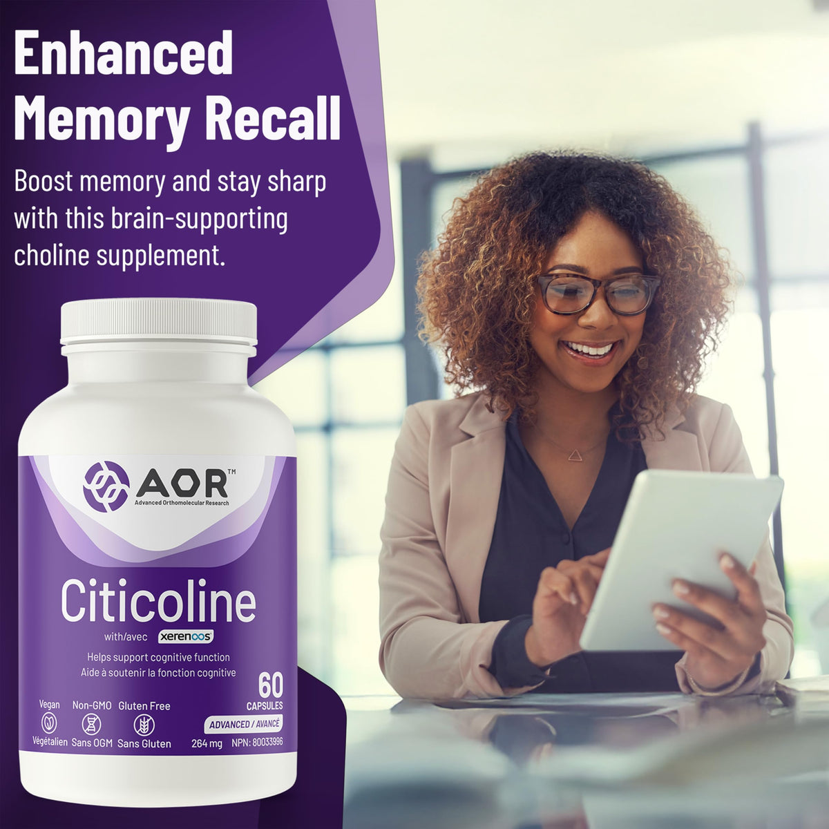 AOR Xerenoos Citicoline Supplement, 250 mg, 60 Capsules, 30-Day Supply