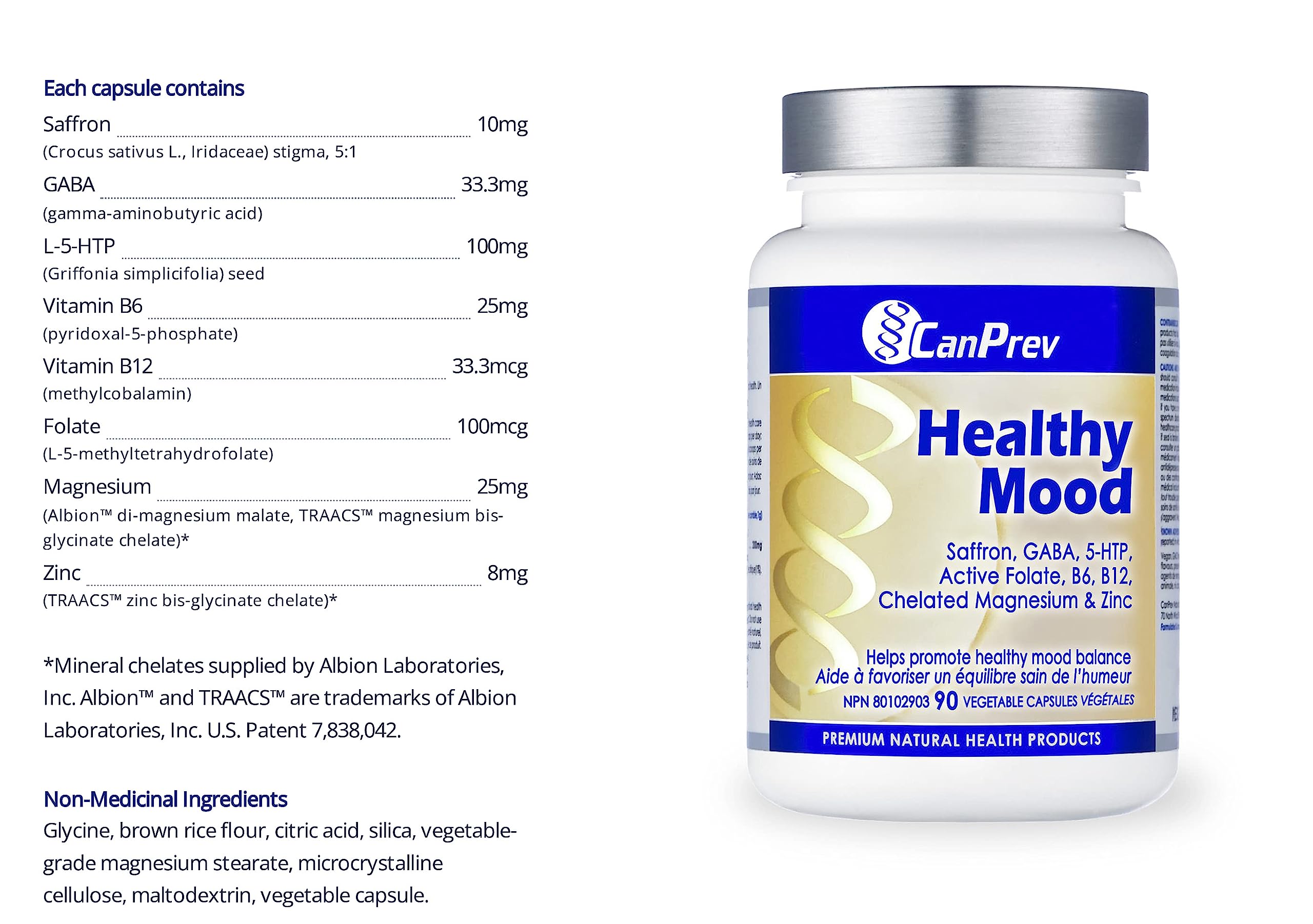 CanPrev Healthy Mood, 90 V-Caps 30-Day Supply - Saffron & 5-HTP Supplement with Vitamin B6, B12, Magnesium & Zinc Bisglycinate, Focus, Clarity, Energy Support, Restful Sleep Aid - Vegan Friendly