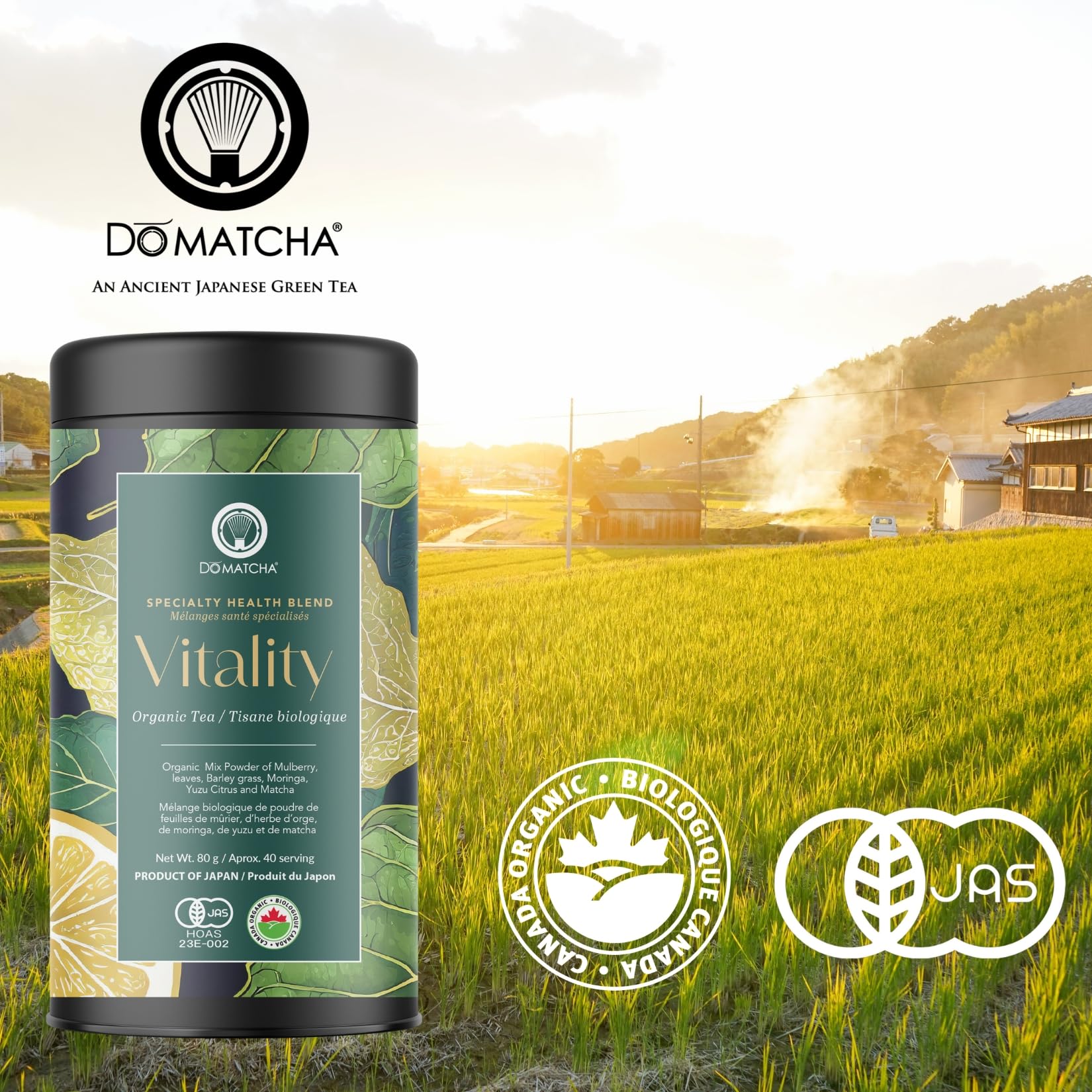 DoMatcha Vitality Blend - Health Superfood, 80g 40-Servings - Moringa, Mulberry Leaves, Barley Grass, Yuzu, and Organic Matcha Green Tea Powder - Japanese Certified - Product of Japan