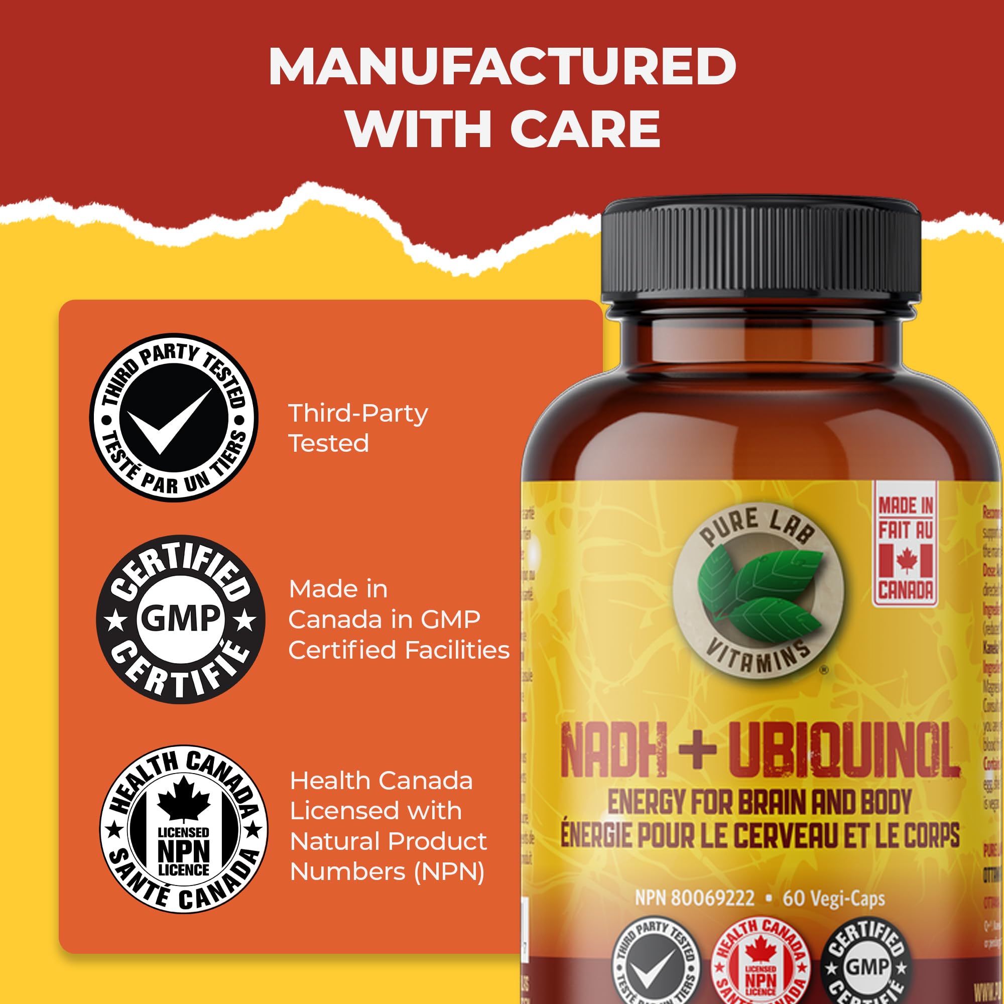 Pure Lab Vitamins | NADH Nicotinamide Adénine Dinucléotide + CoQ10 Ubiquinol