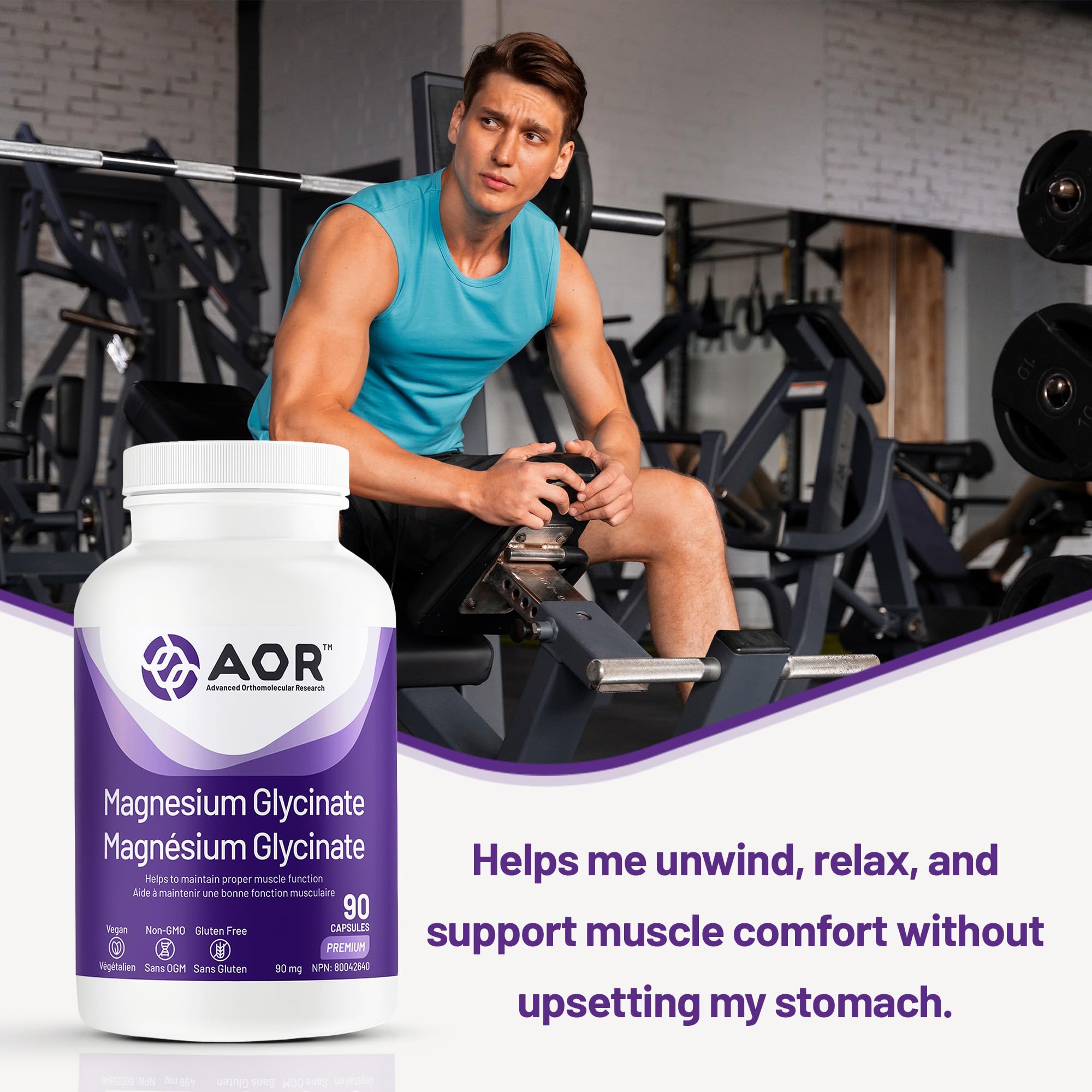 AOR Magnésium Glycinate, 90 mg, Favorise une fonction musculaire et un métabolisme optimaux, Soutien cardiovasculaire, Confort musculaire et cycles menstruels équilibrés, Végétalien et sans OGM