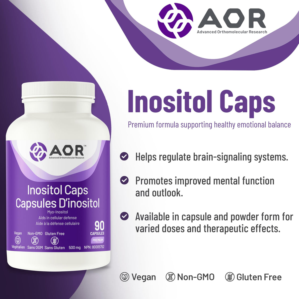 AOR Inositol Capsules, Myo Inositol 500mg, Vegan Capsule Shell, 90 Pack