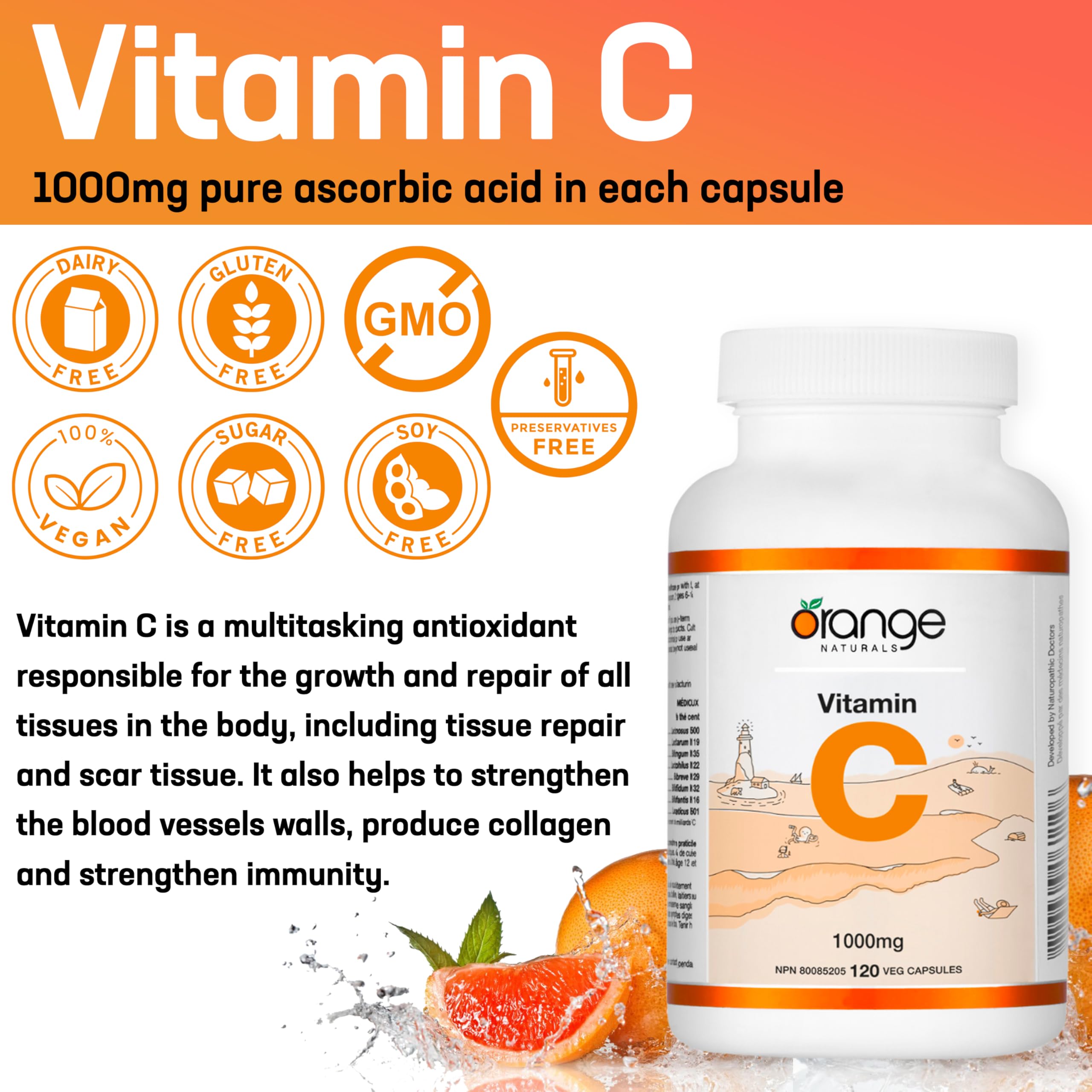 Orange Naturals Vitamine C 1000 mg, 120 V-Caps, Approvisionnement de 4 mois, Supplément d'acide ascorbique pur, Végétalien, Pratique au quotidien, Favorise le bien-être, Soutien antioxydant, Formation de collagène, Os et dents sains