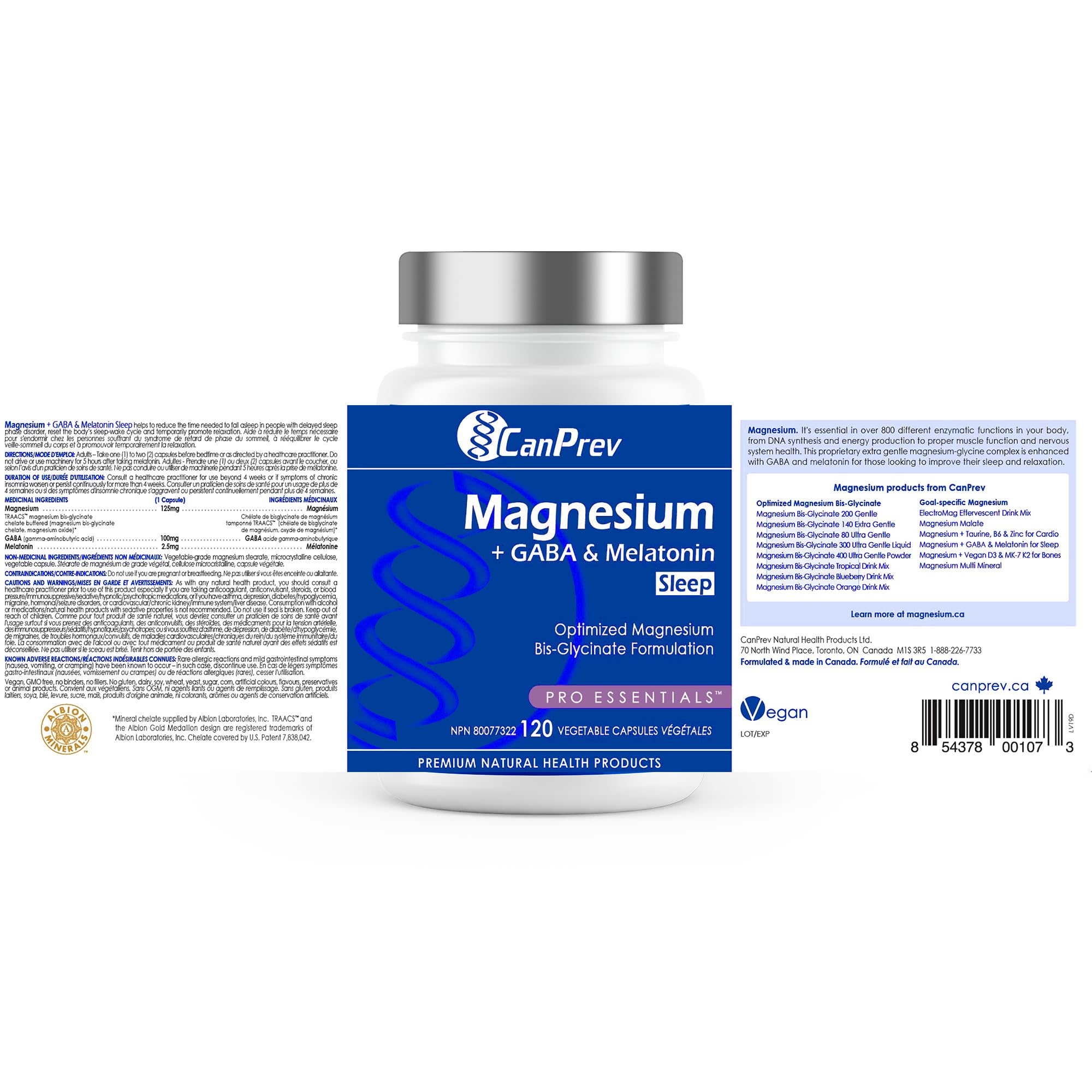 CanPrev Magnesium Bisglycinate Chelated + GABA & Melatonin, 120 Veg Caps, 120-Day Supply, Supports Restful Night, Muscle Function, Promote Relaxation & Balanced Sleep-Wake Cycle, Vegan, No GMO, Gluten
