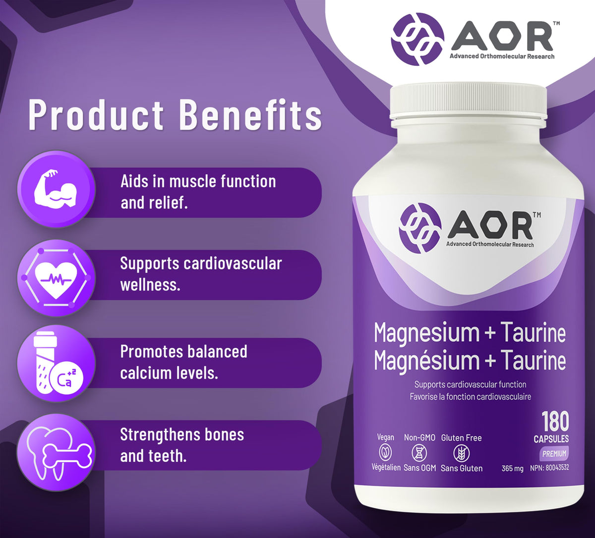 AOR Magnesium Taurine Capsules, Vegan, Non-GMO, 180 Capsules, 36 Day Supply