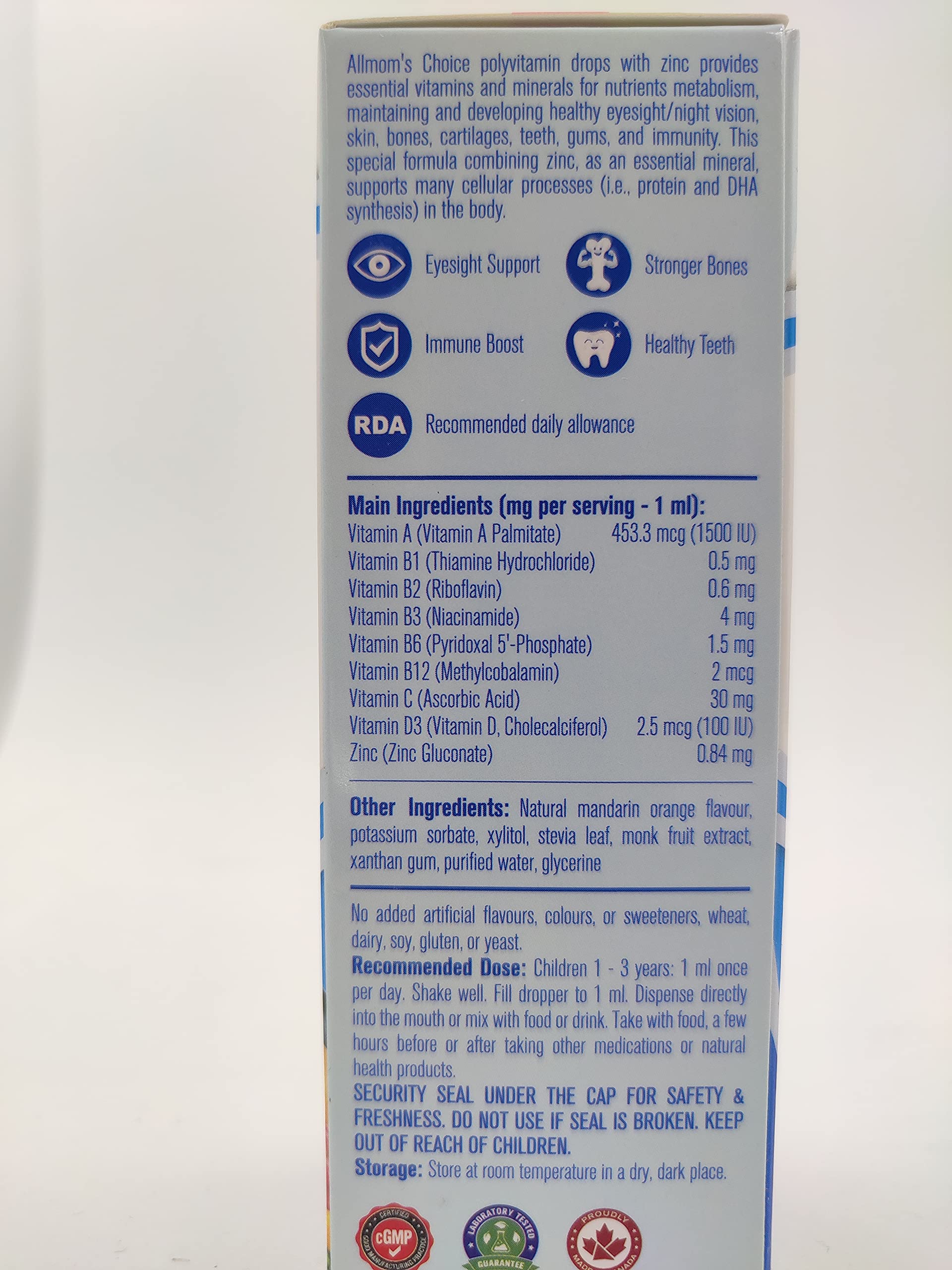 Gouttes multivitaminées Allmom's Choice avec Zinc, 1-3 ans, 9 vitamines essentielles (vitamines A, complexe B, C, D3) et zinc, qui manquent souvent dans l'alimentation des enfants. Excellent goût sous forme liquide facile à prendre, pour 50 jours.
